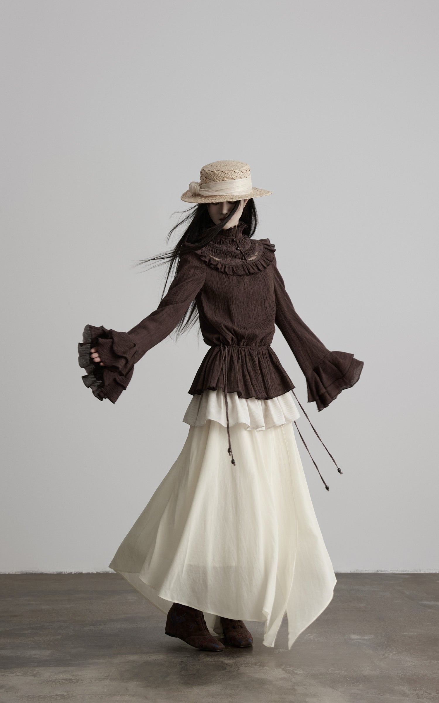 DOINDULGE Layered Ruffle Asymmetric Hem Striped Maxi Skirt
