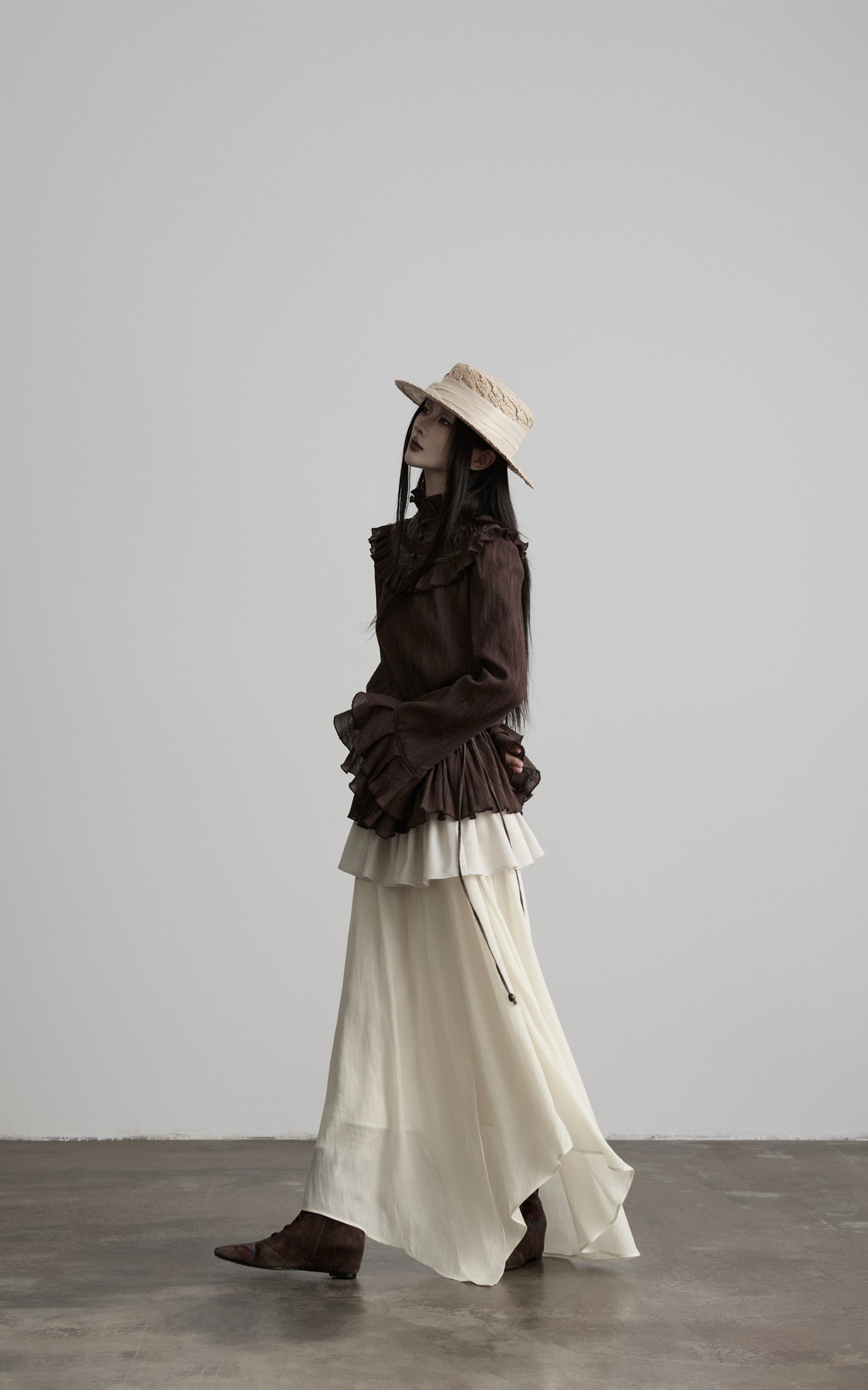 DOINDULGE Layered Ruffle Asymmetric Hem Striped Maxi Skirt