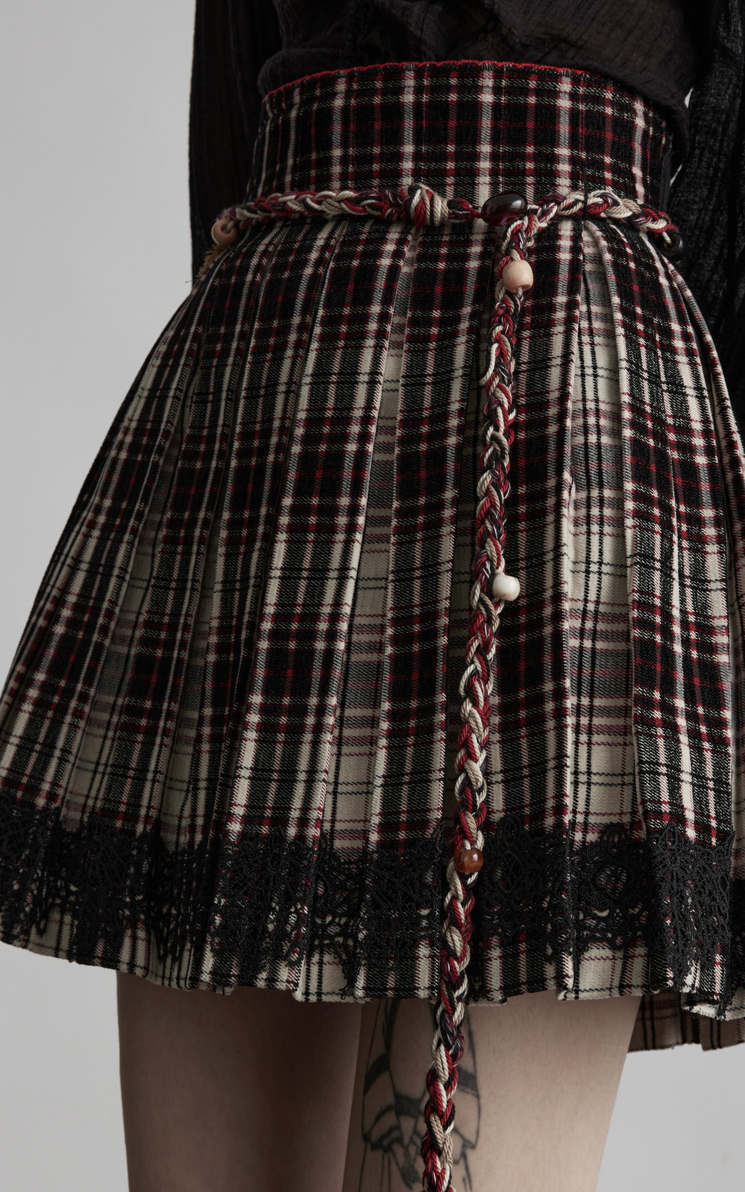 DOINDULGE Plaid Pleated Lace-Trim Mini Skirt