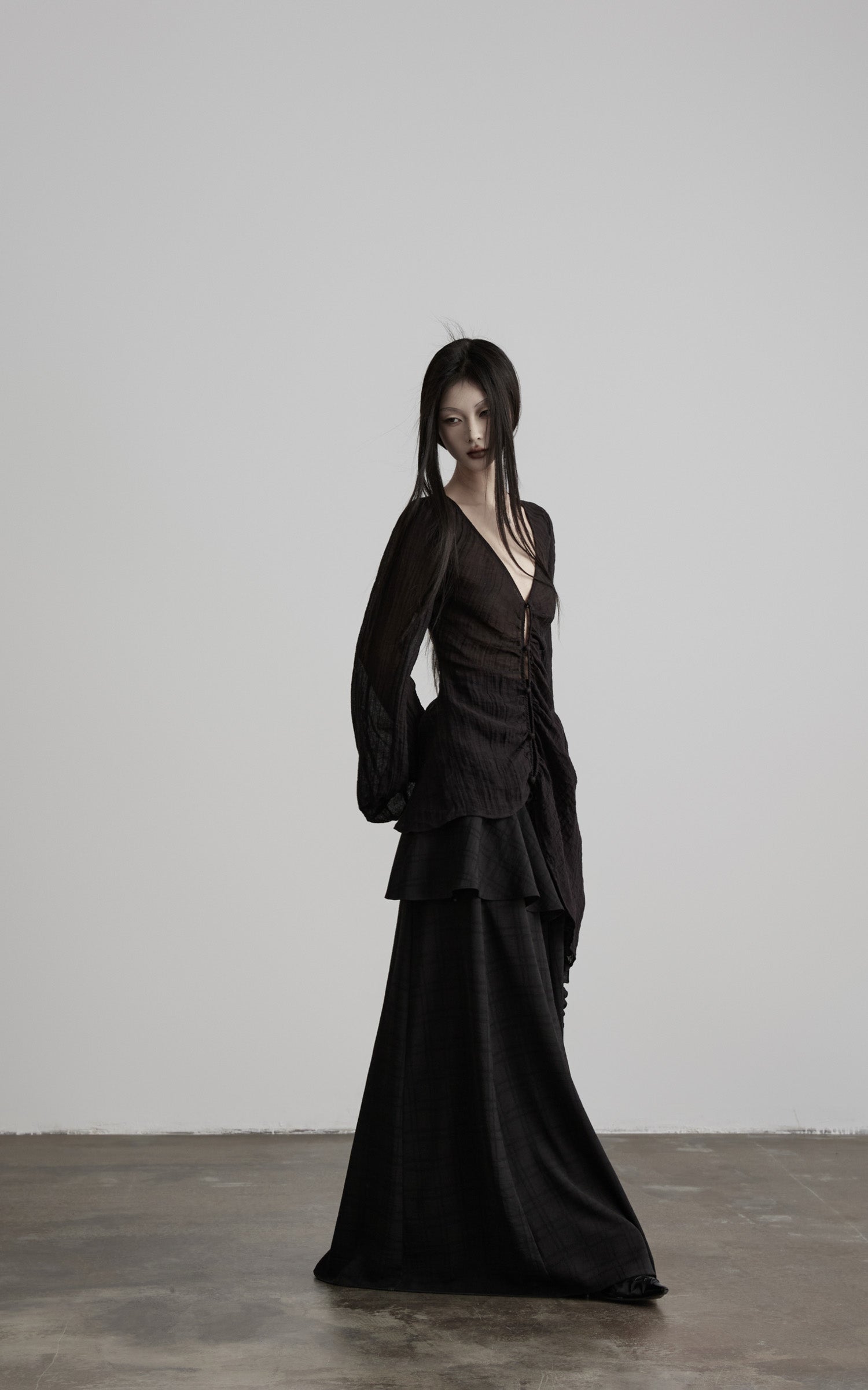 DOINDULGE Sheer Ruched Deep V Asymmetric Chiffon Blouse