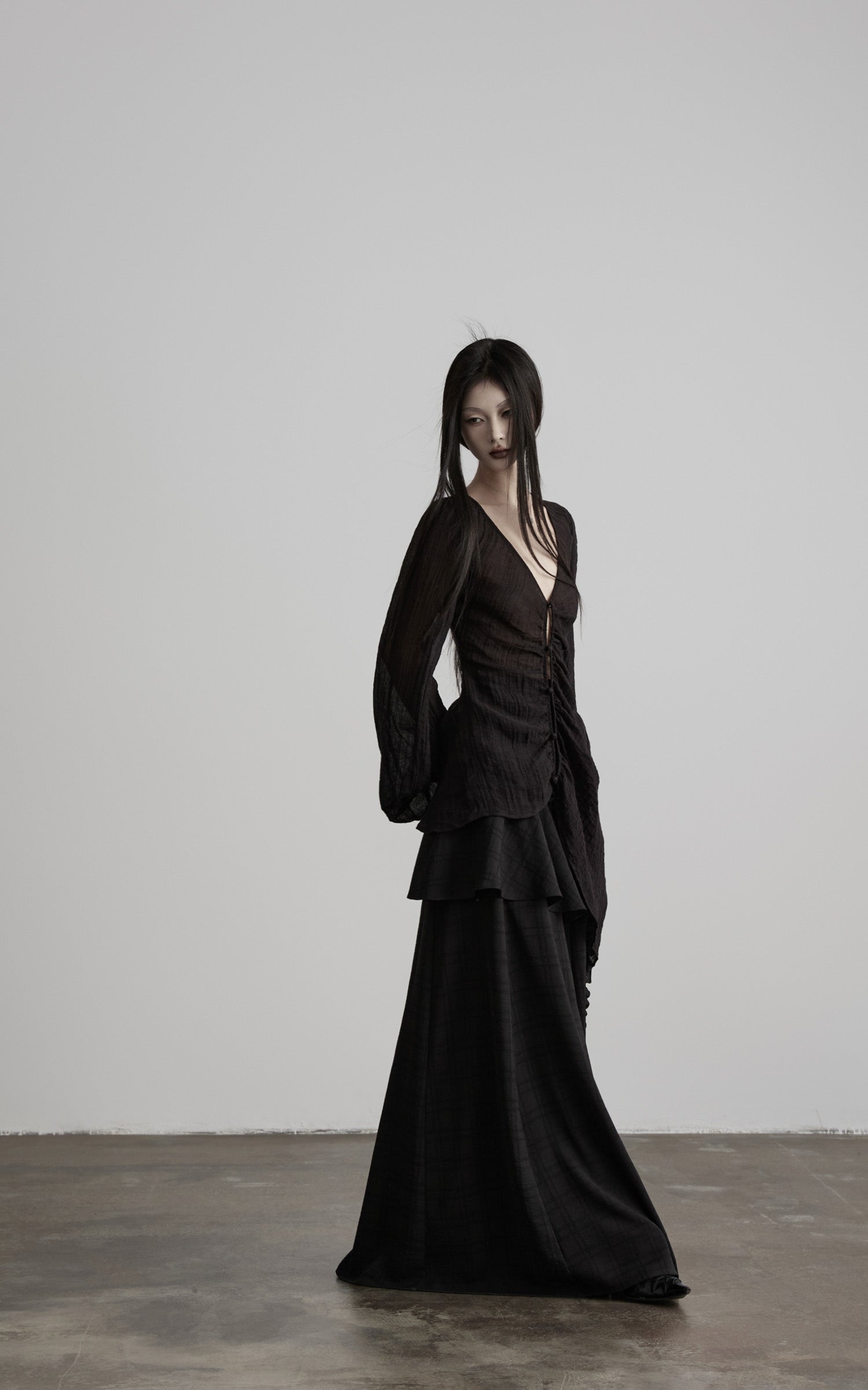 DOINDULGE Ruched Waist Asymmetric Ruffle Plaid Maxi Skirt