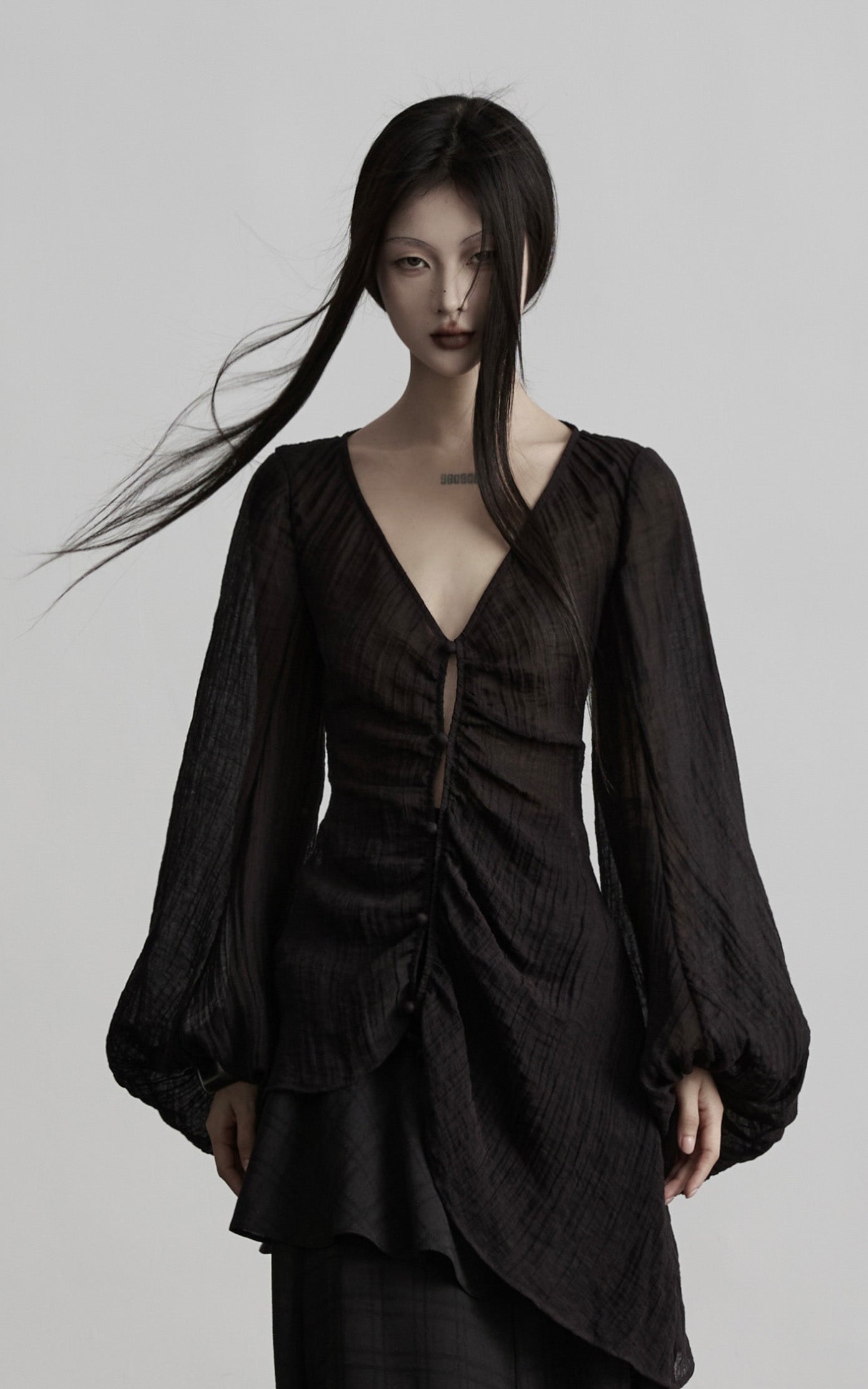 DOINDULGE Sheer Ruched Deep V Asymmetric Chiffon Blouse