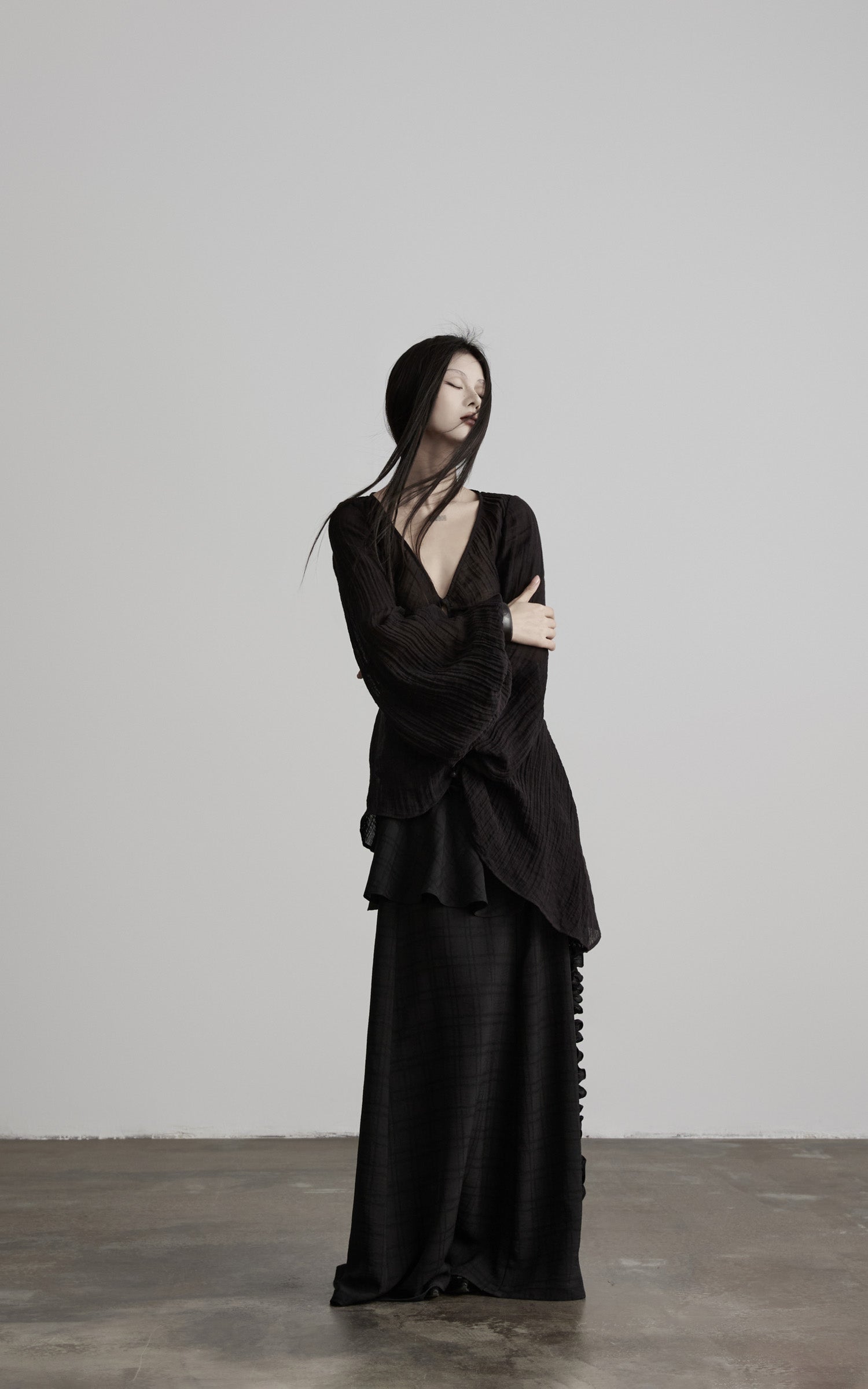 DOINDULGE Sheer Ruched Deep V Asymmetric Chiffon Blouse