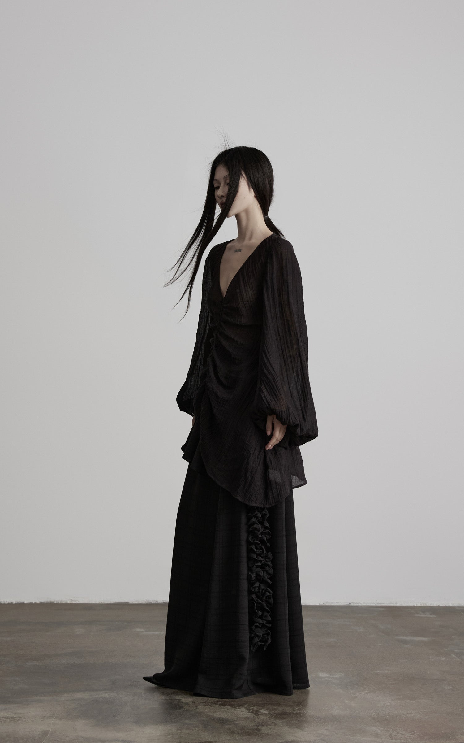 DOINDULGE Ruched Waist Asymmetric Ruffle Plaid Maxi Skirt