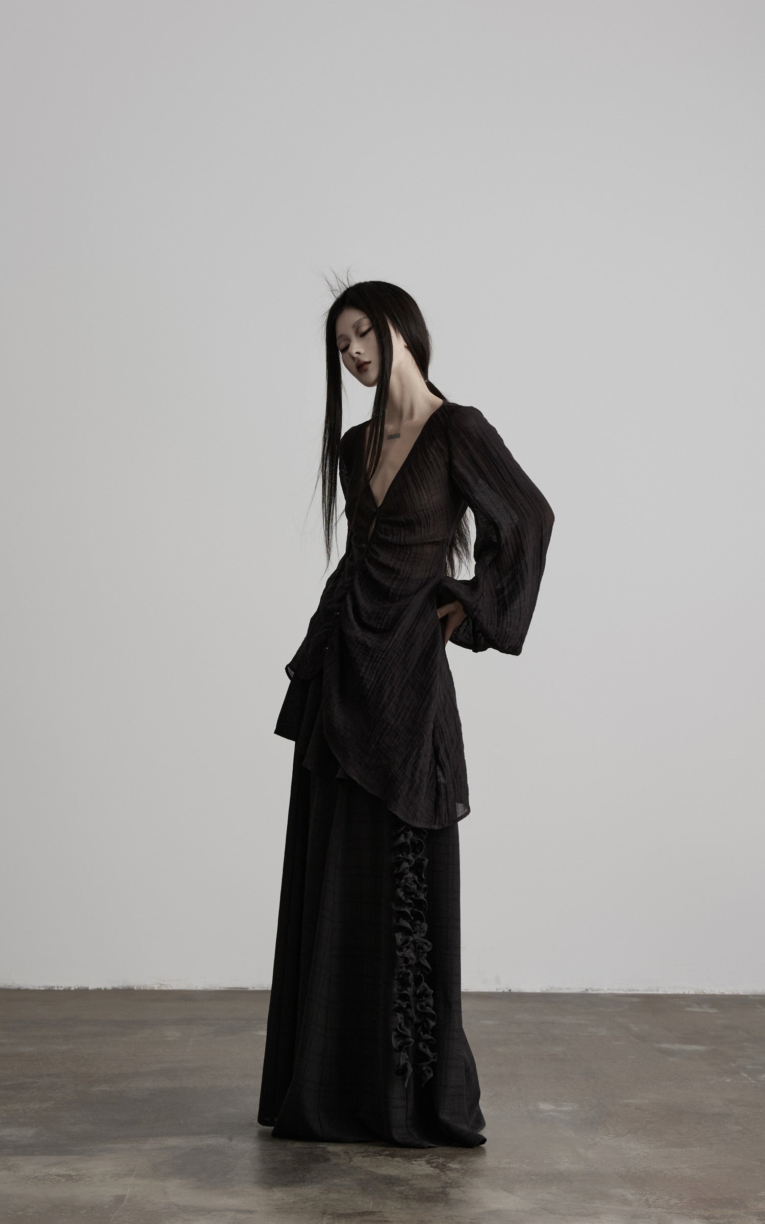 DOINDULGE Sheer Ruched Deep V Asymmetric Chiffon Blouse