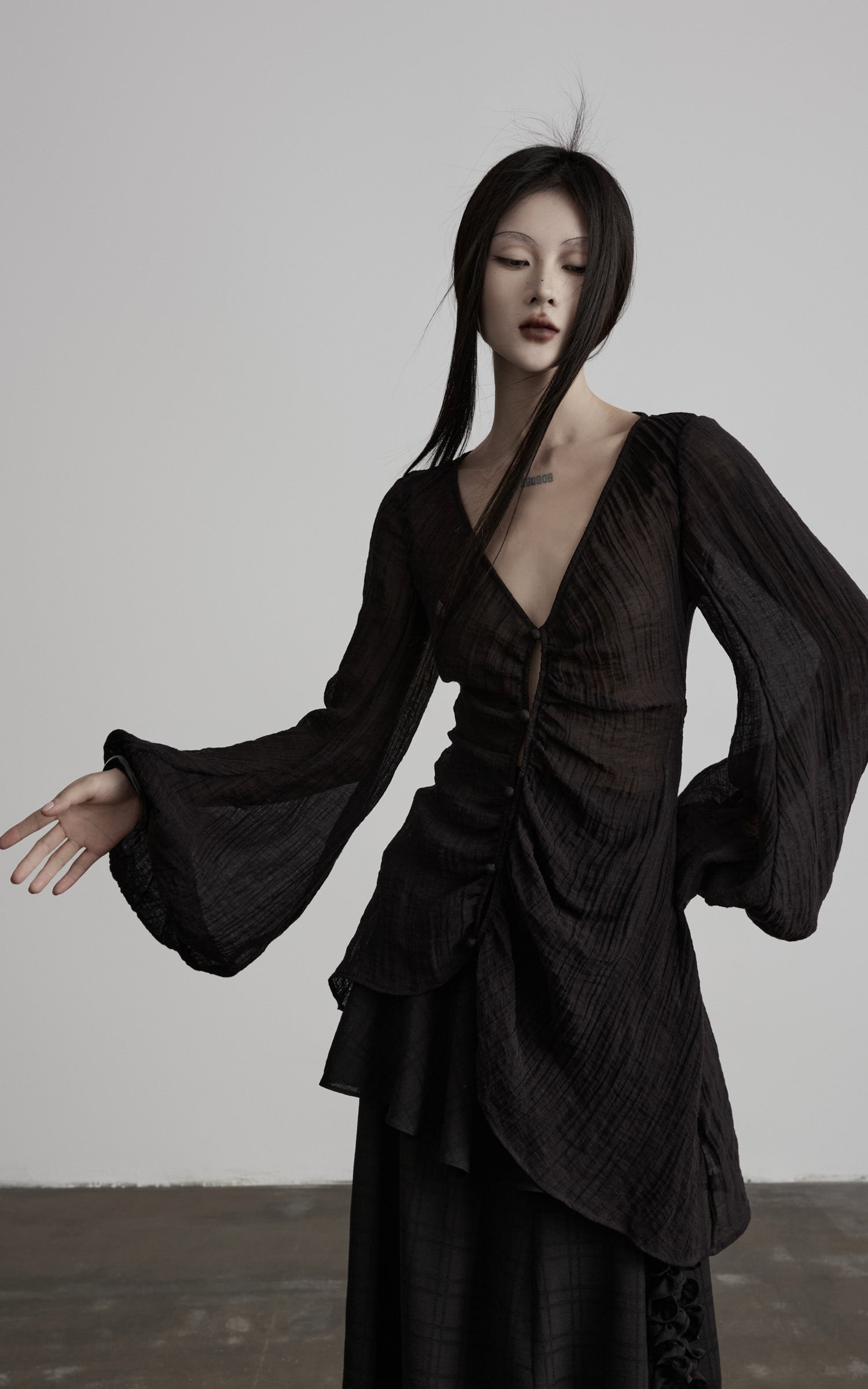 DOINDULGE Sheer Ruched Deep V Asymmetric Chiffon Blouse