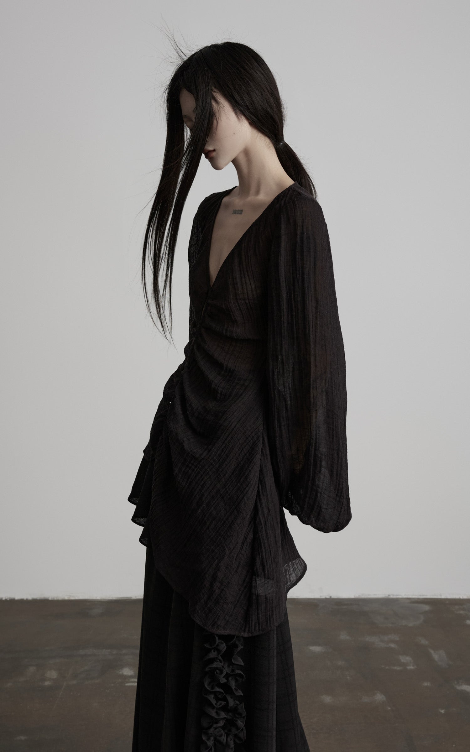 DOINDULGE Sheer Ruched Deep V Asymmetric Chiffon Blouse