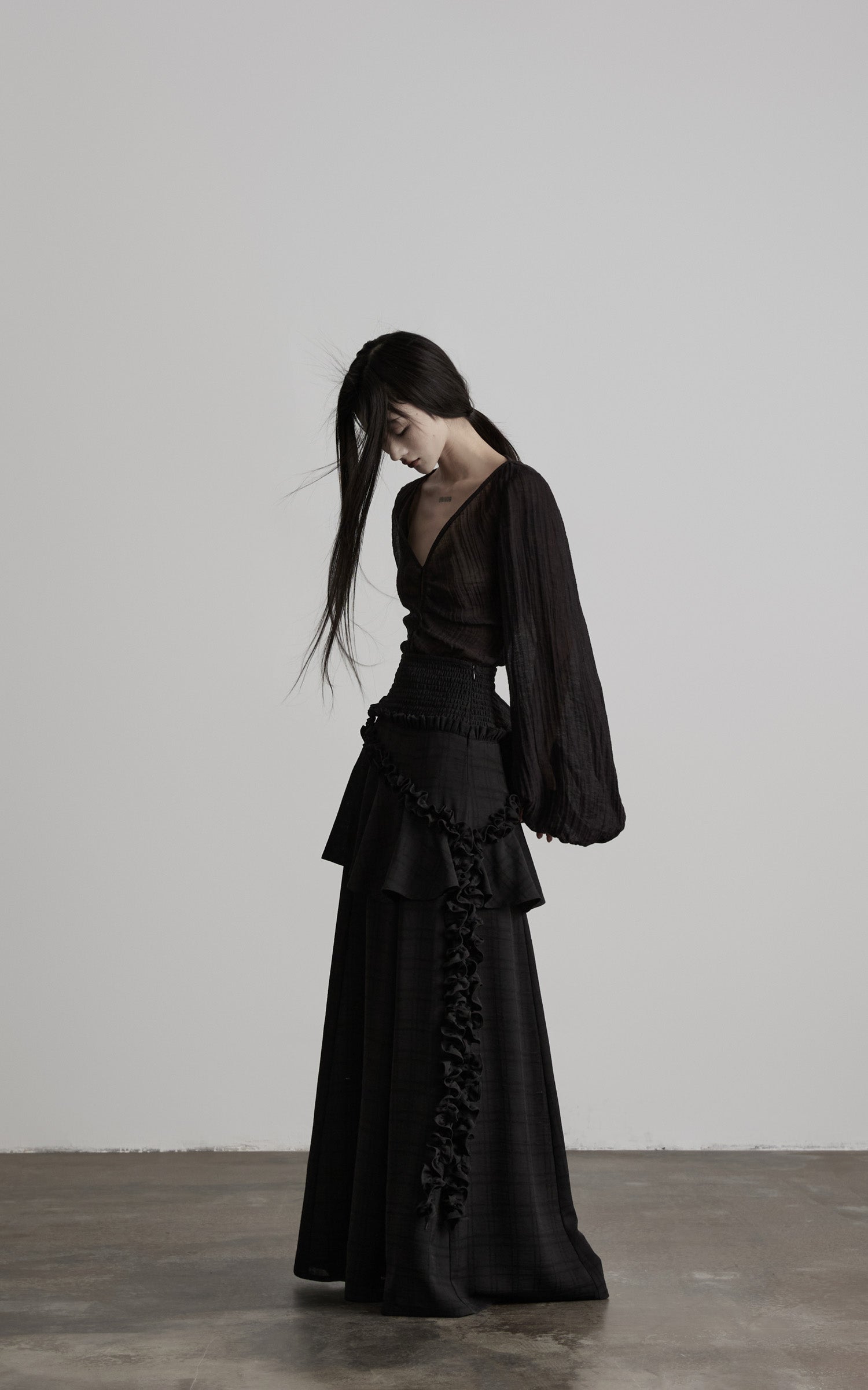 DOINDULGE Ruched Waist Asymmetric Ruffle Plaid Maxi Skirt