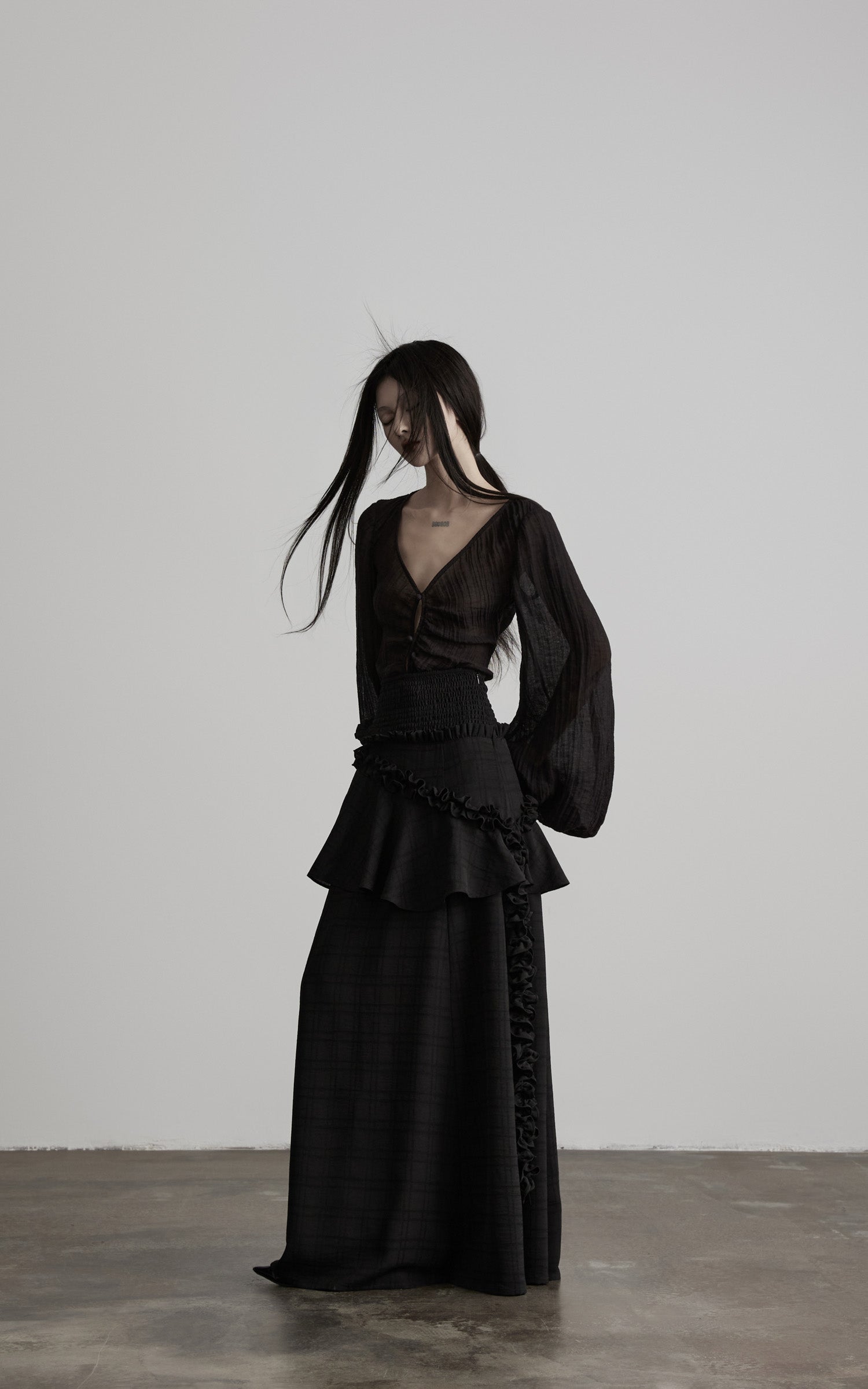 DOINDULGE Sheer Ruched Deep V Asymmetric Chiffon Blouse