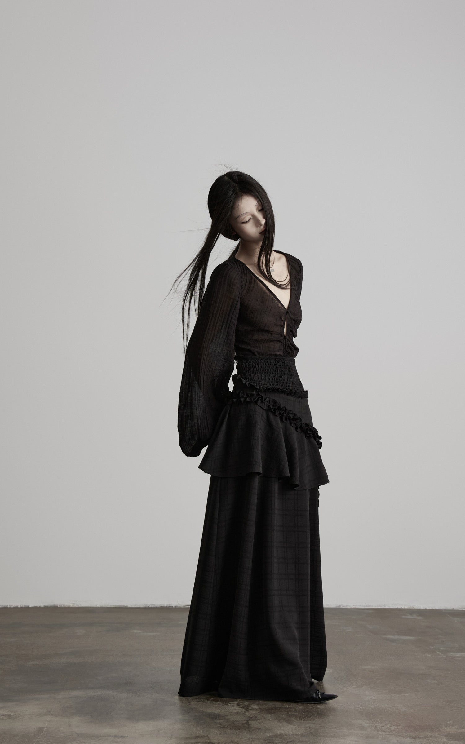 DOINDULGE Sheer Ruched Deep V Asymmetric Chiffon Blouse