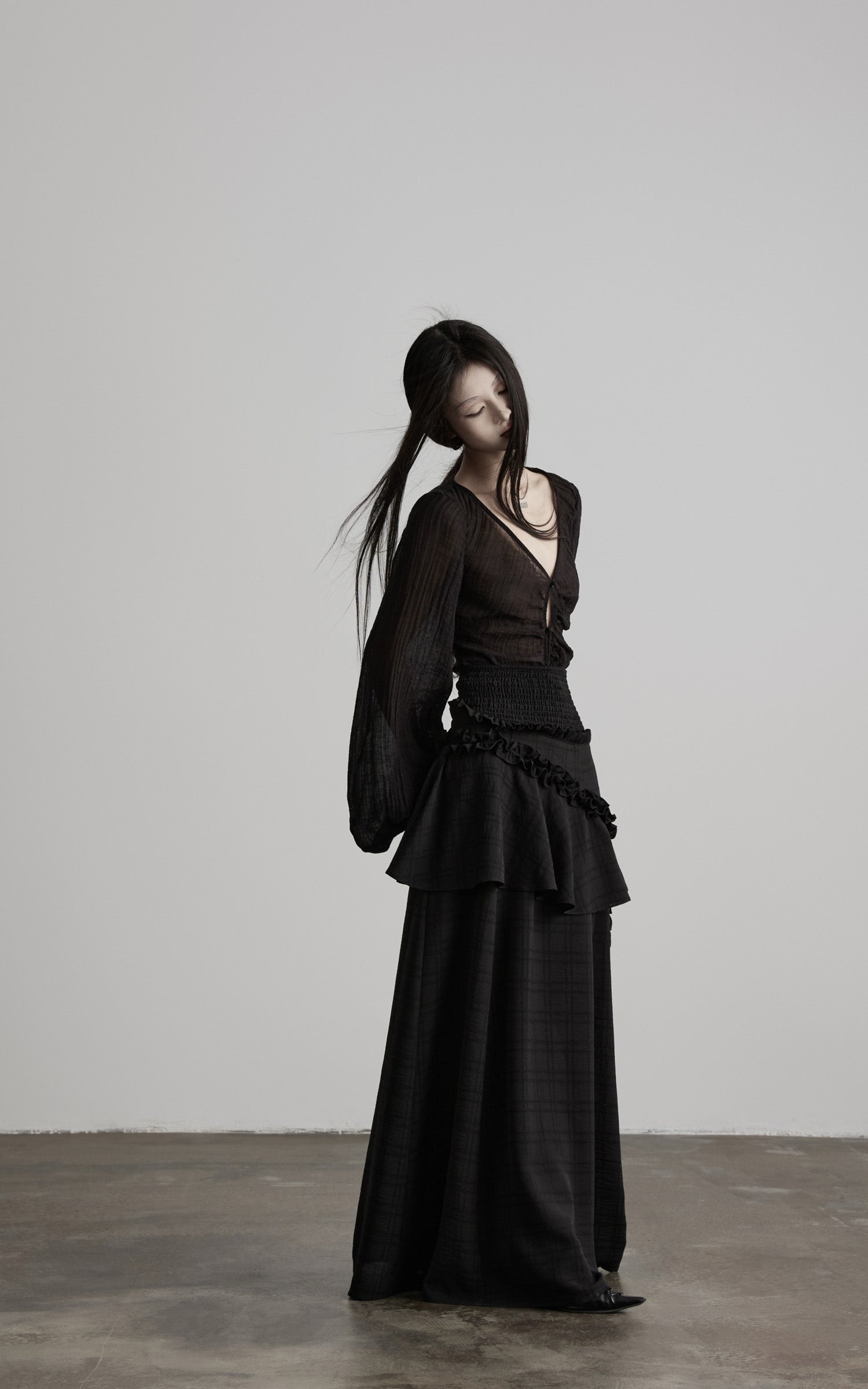 DOINDULGE Ruched Waist Asymmetric Ruffle Plaid Maxi Skirt