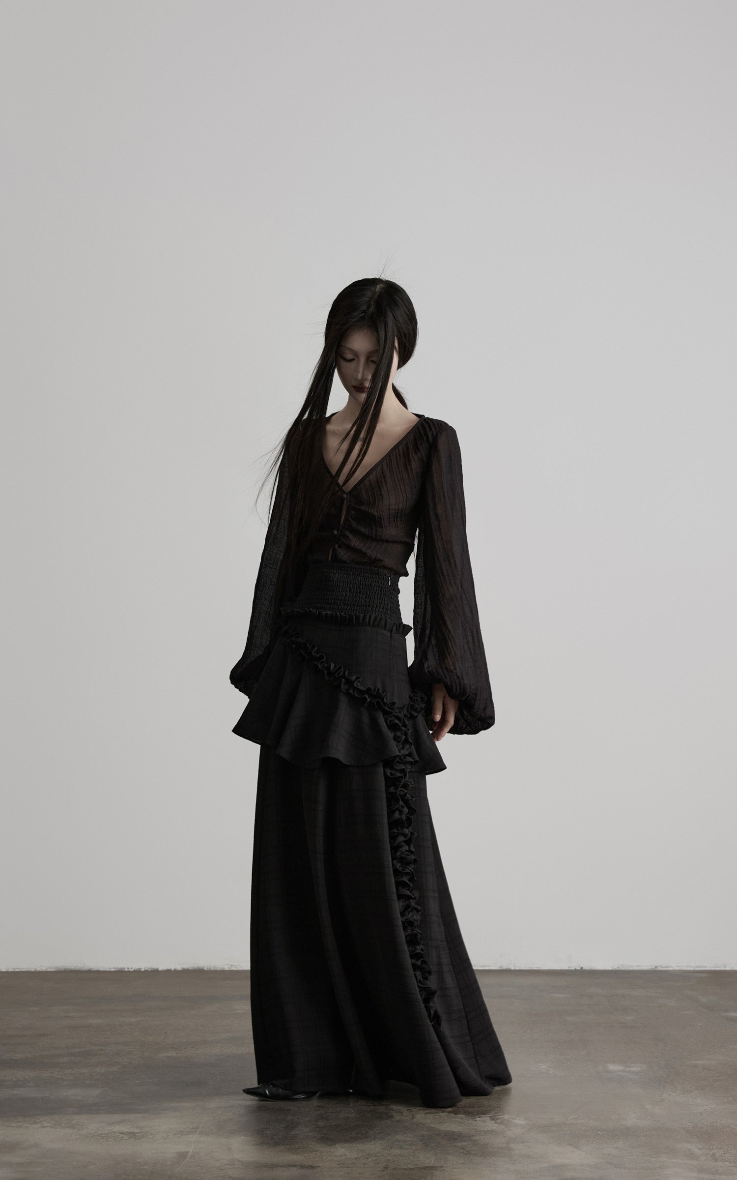 DOINDULGE Sheer Ruched Deep V Asymmetric Chiffon Blouse