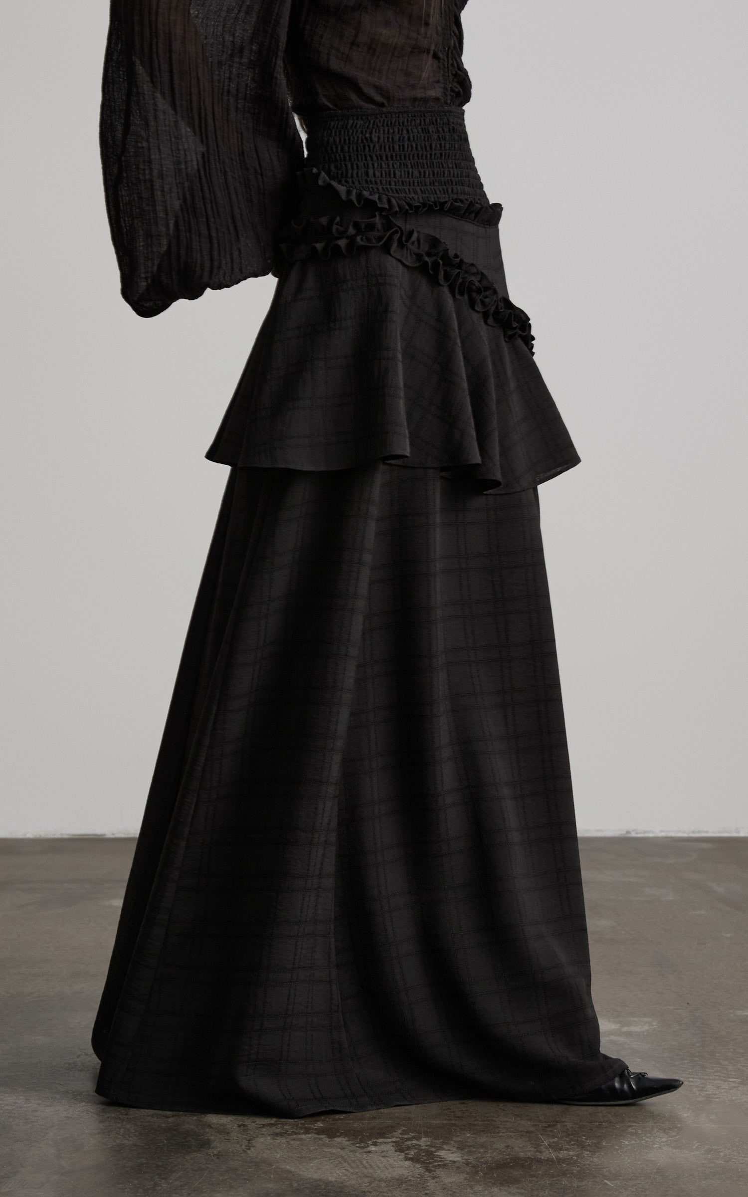 DOINDULGE Ruched Waist Asymmetric Ruffle Plaid Maxi Skirt