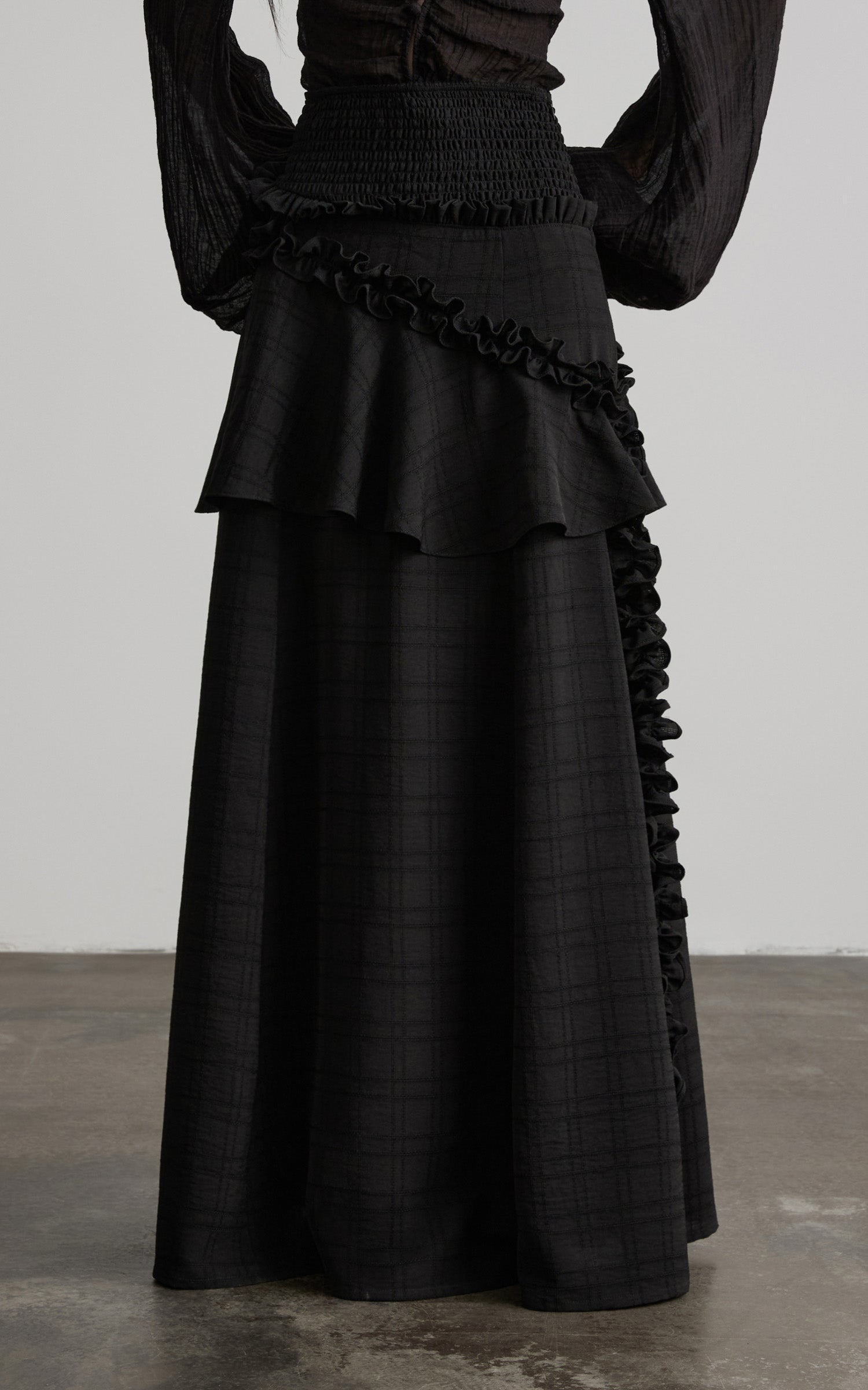 DOINDULGE Ruched Waist Asymmetric Ruffle Plaid Maxi Skirt