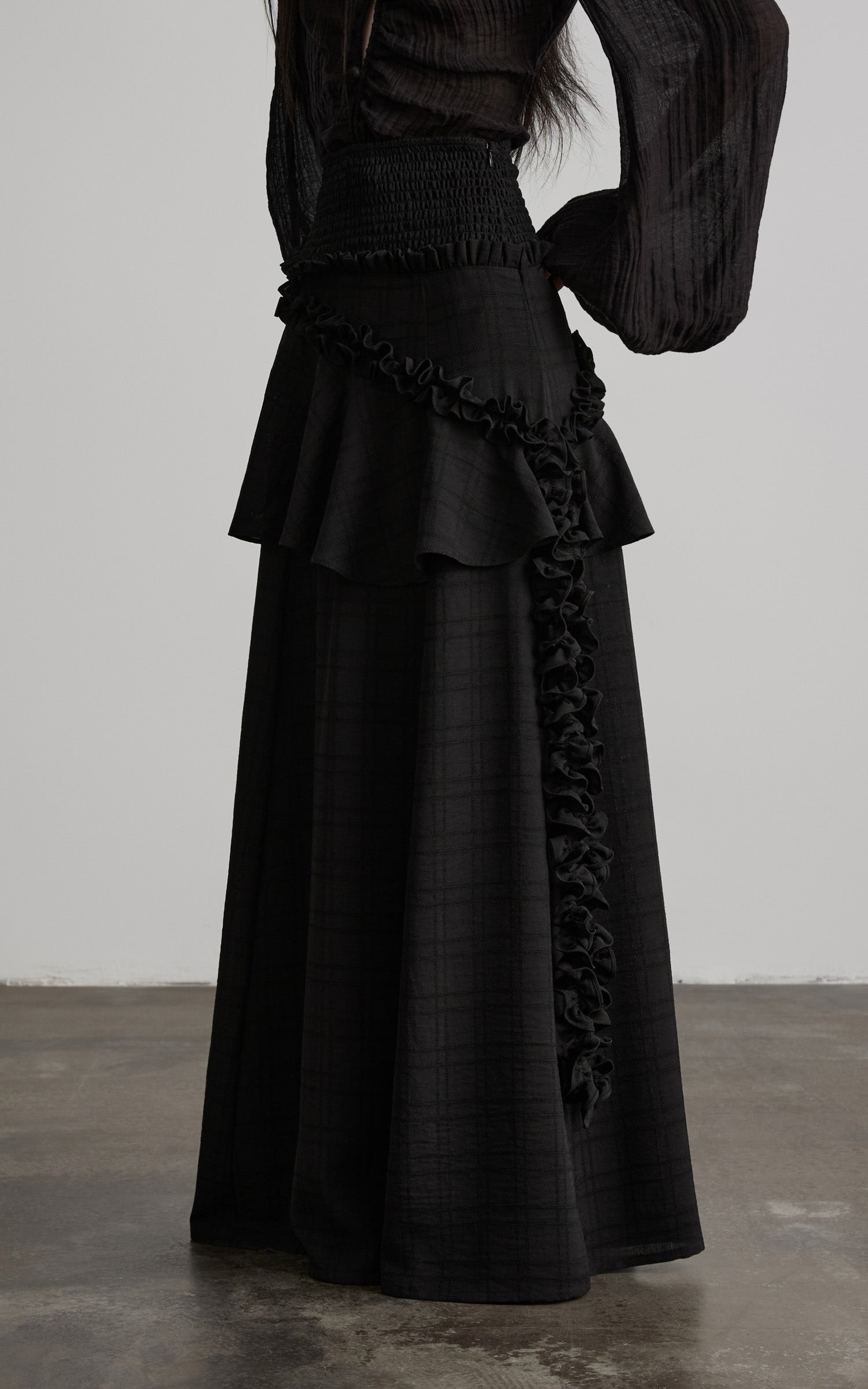 DOINDULGE Ruched Waist Asymmetric Ruffle Plaid Maxi Skirt
