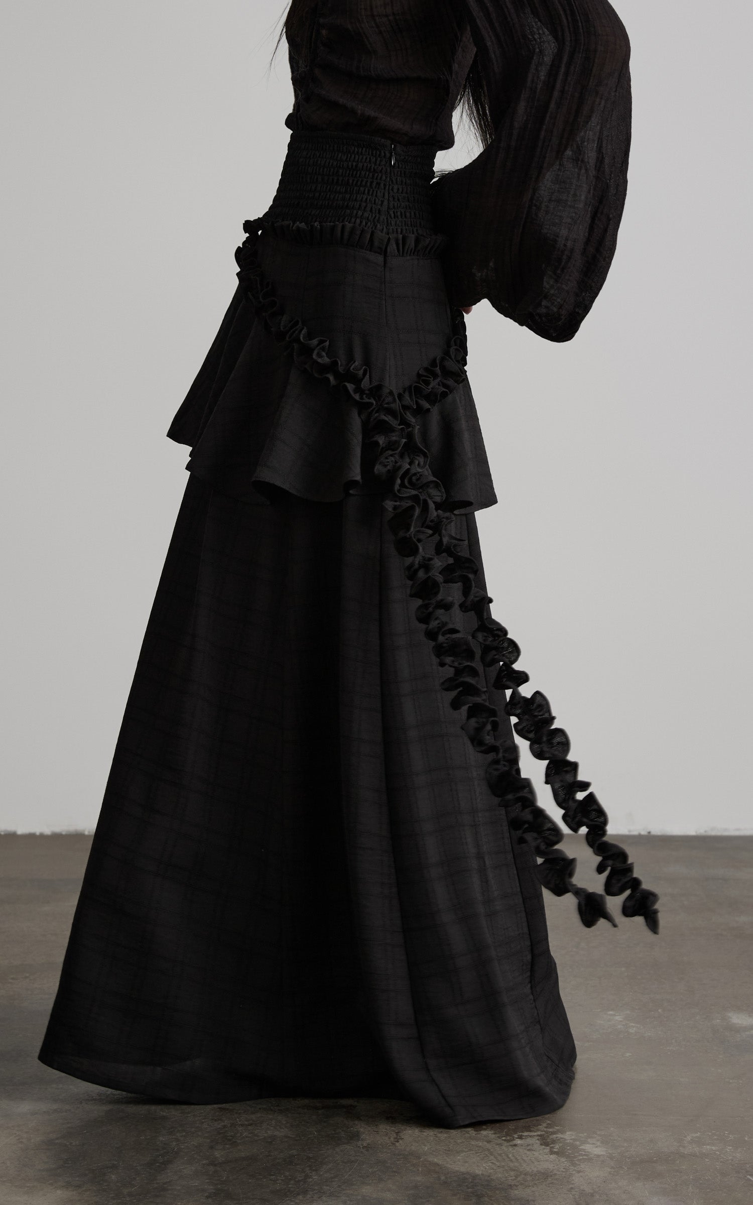 DOINDULGE Ruched Waist Asymmetric Ruffle Plaid Maxi Skirt