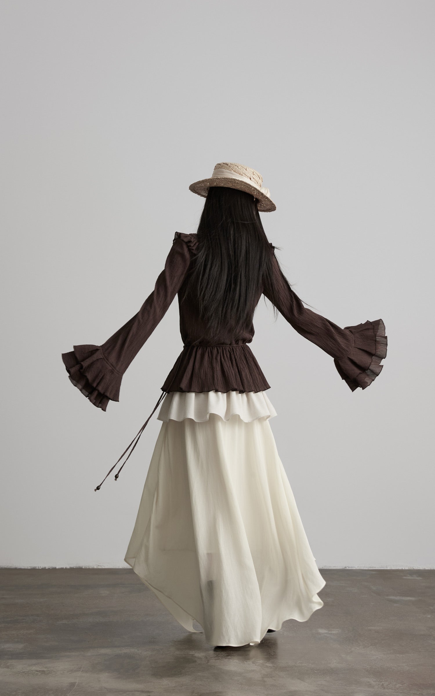 DOINDULGE Layered Ruffle Asymmetric Hem Striped Maxi Skirt