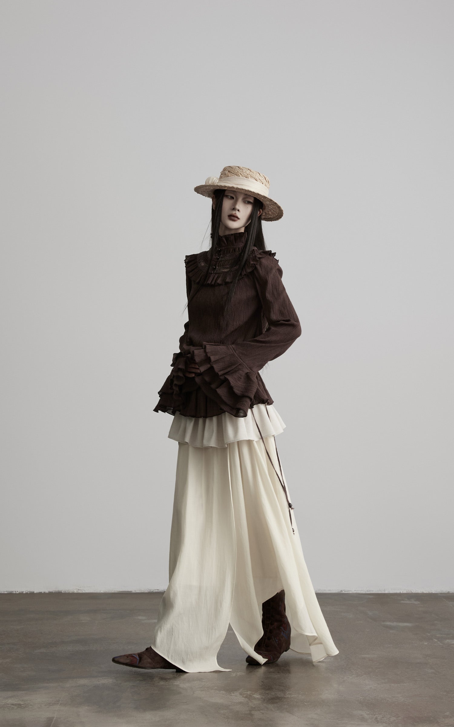 DOINDULGE Layered Ruffle Asymmetric Hem Striped Maxi Skirt