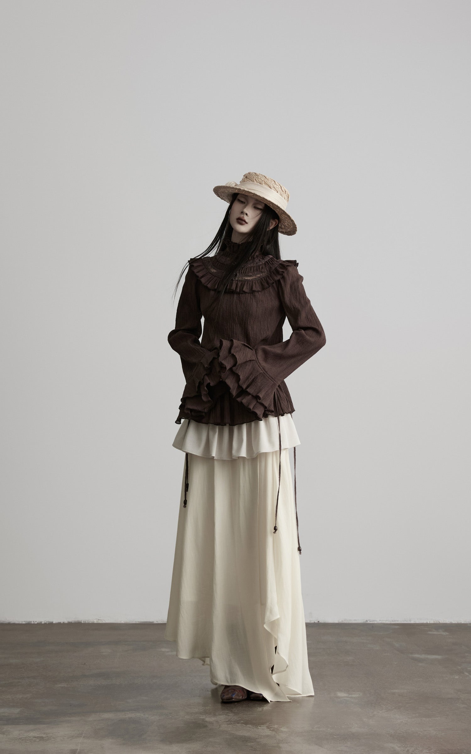 DOINDULGE Layered Ruffle Asymmetric Hem Striped Maxi Skirt