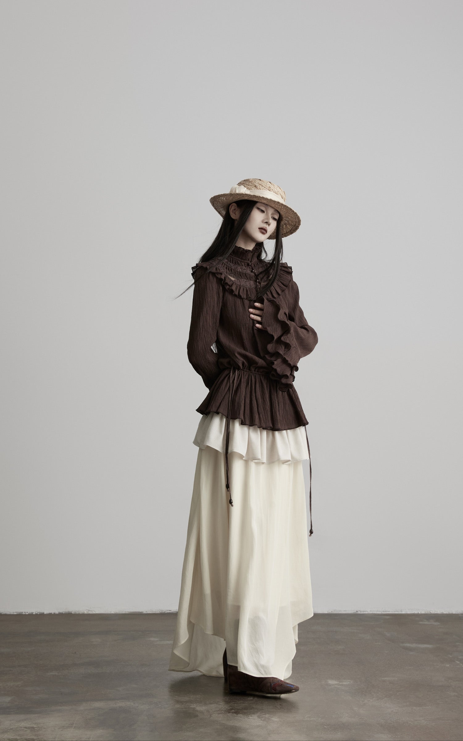 DOINDULGE Layered Ruffle Asymmetric Hem Striped Maxi Skirt