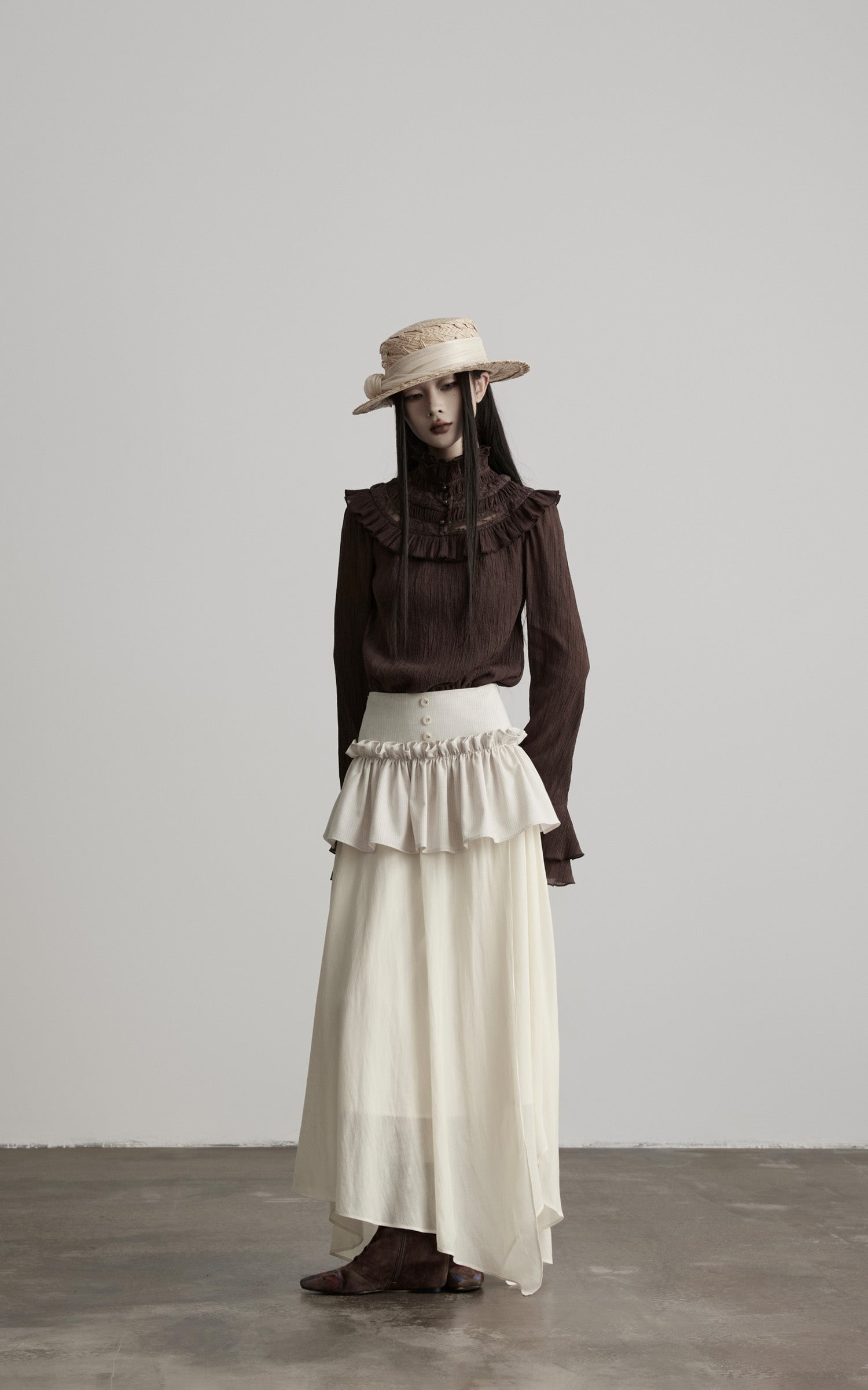 DOINDULGE Layered Ruffle Asymmetric Hem Striped Maxi Skirt