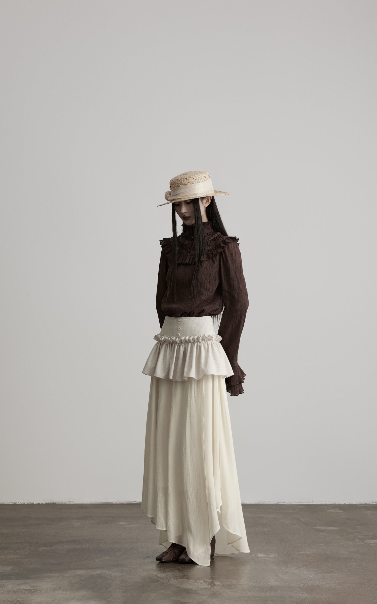 DOINDULGE Layered Ruffle Asymmetric Hem Striped Maxi Skirt