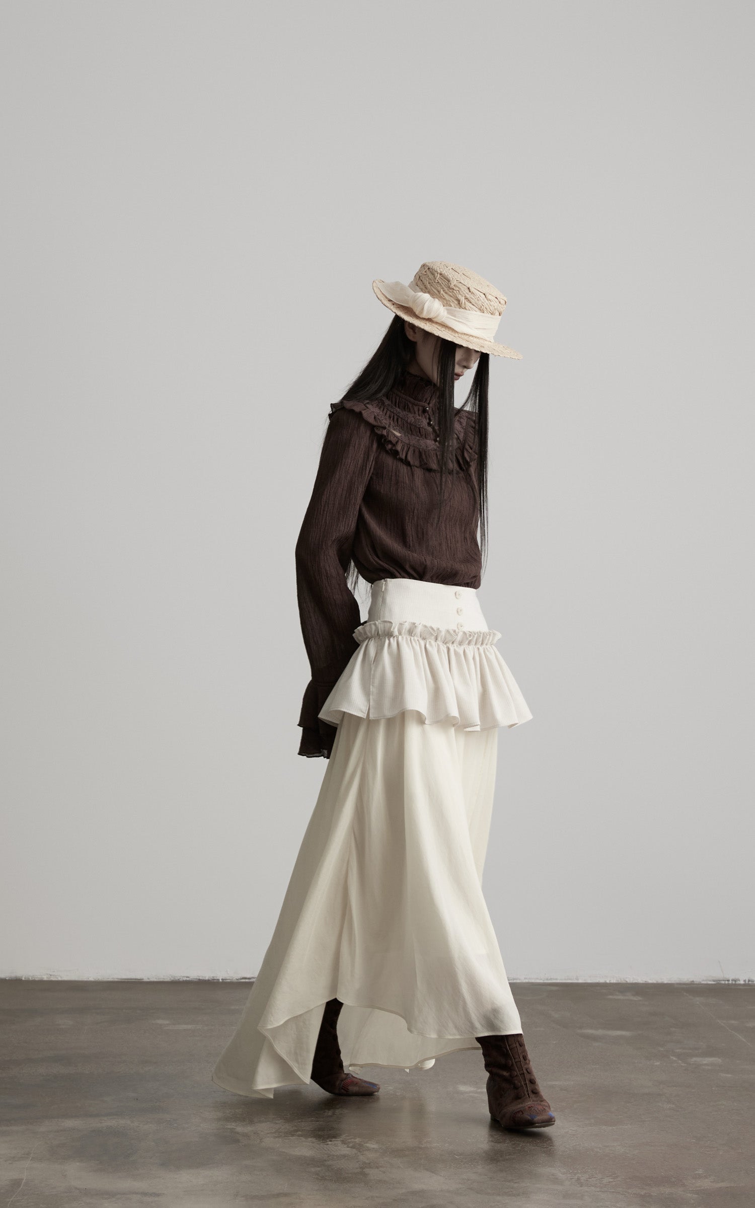 DOINDULGE Layered Ruffle Asymmetric Hem Striped Maxi Skirt