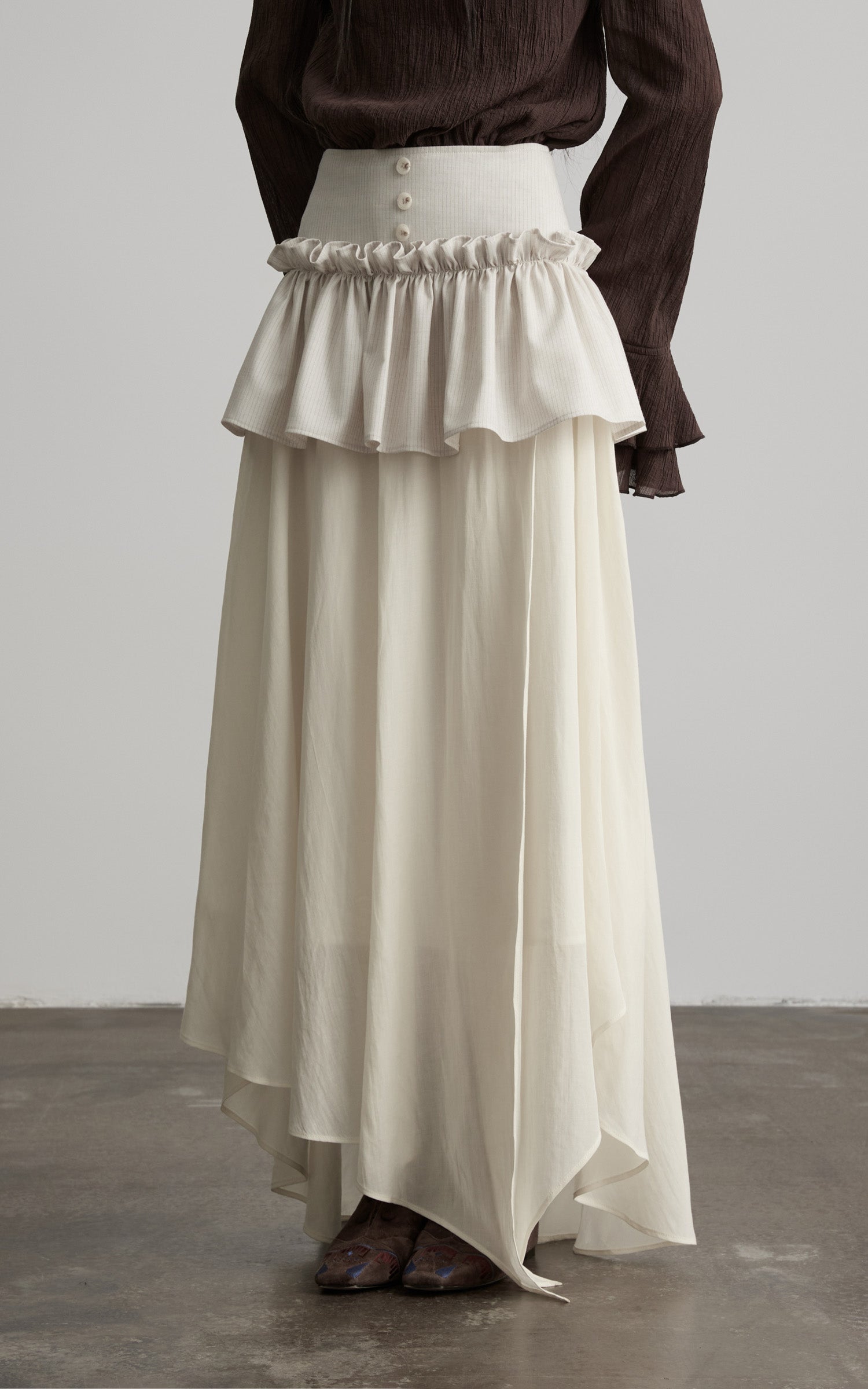 DOINDULGE Layered Ruffle Asymmetric Hem Striped Maxi Skirt