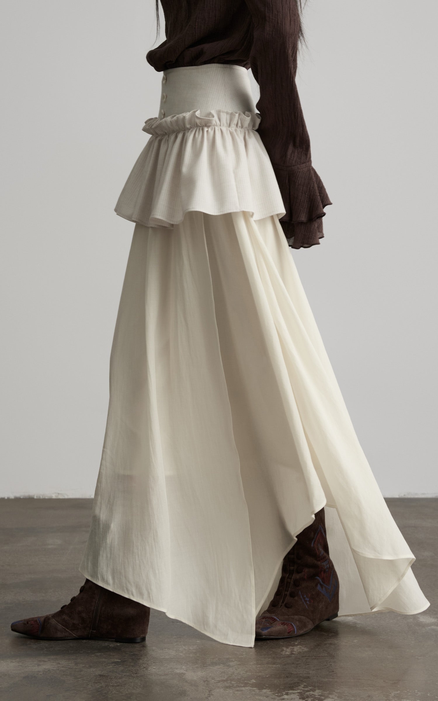 DOINDULGE Layered Ruffle Asymmetric Hem Striped Maxi Skirt