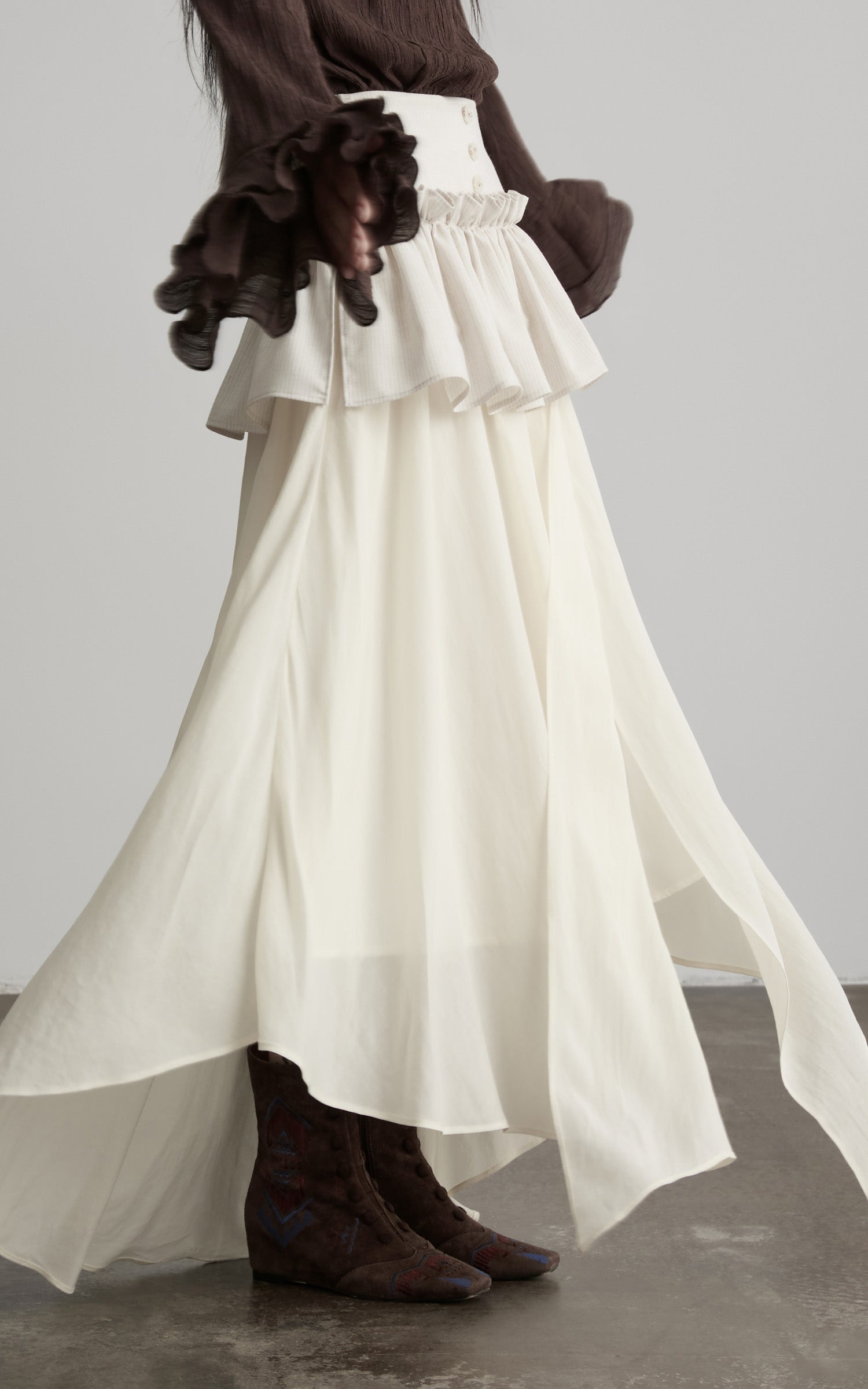 DOINDULGE Layered Ruffle Asymmetric Hem Striped Maxi Skirt