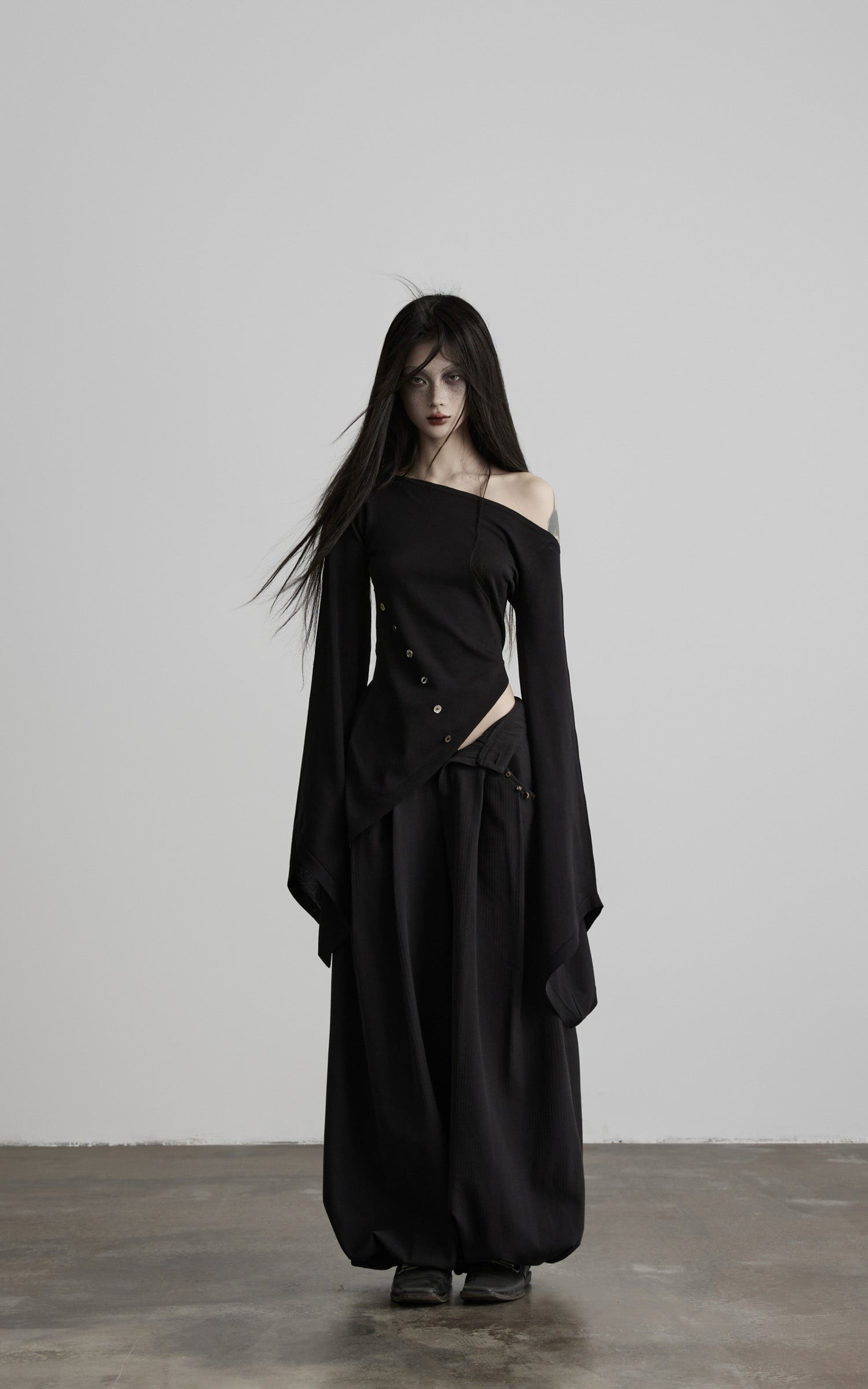 DOINDULGE Shadow Stripe Balloon Pants with Gathered Hem