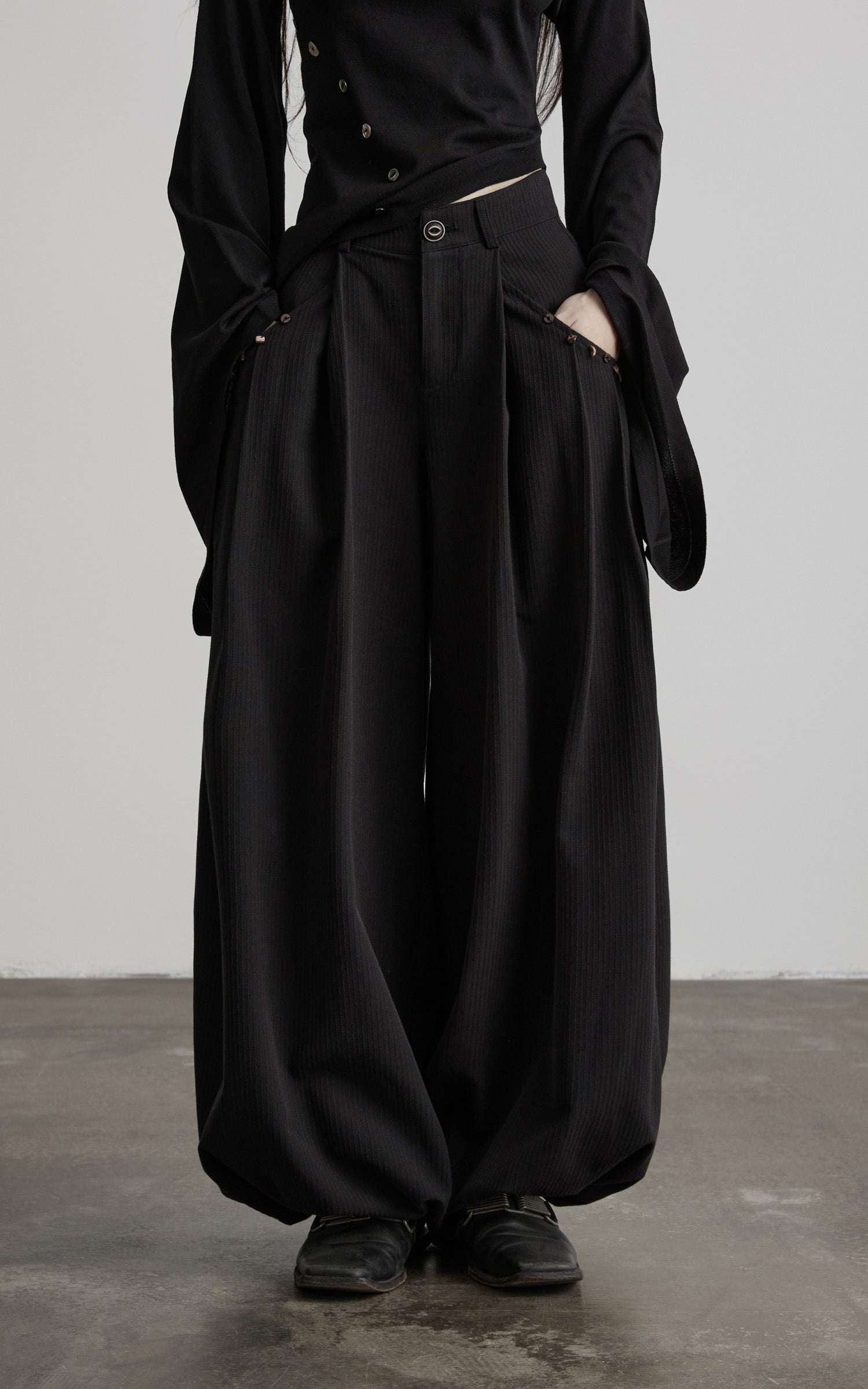 DOINDULGE Shadow Stripe Balloon Pants with Gathered Hem