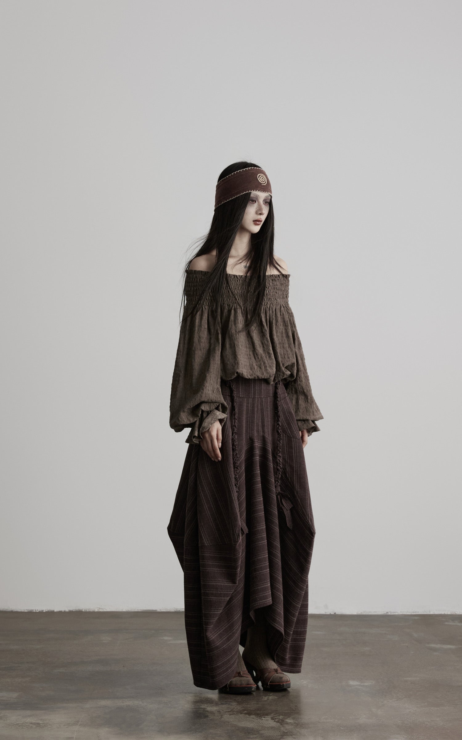 DOINDULGE Off-Shoulder Ruched Blouse with Beaded Drawstring
