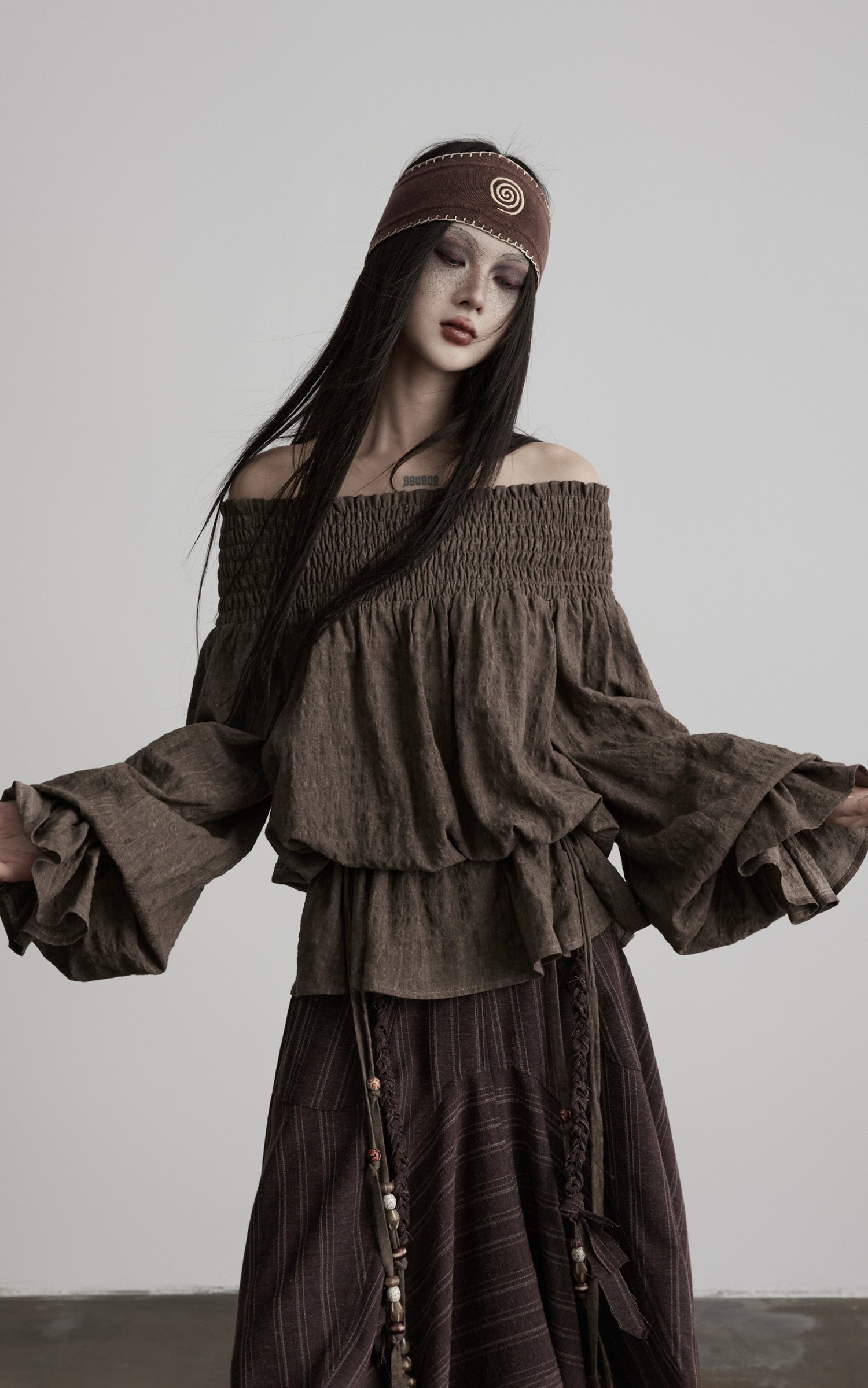 DOINDULGE Off-Shoulder Ruched Blouse with Beaded Drawstring