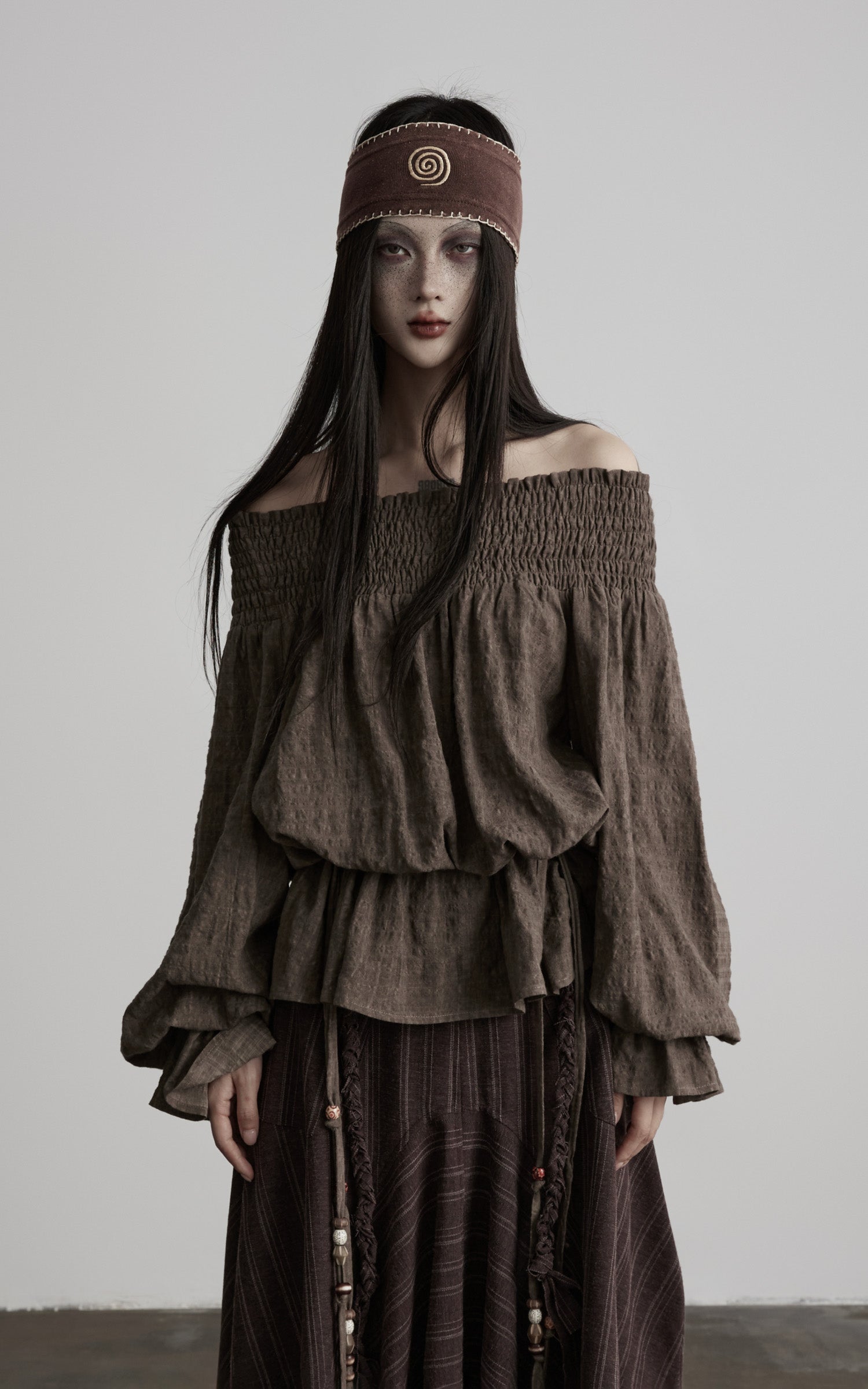 DOINDULGE Off-Shoulder Ruched Blouse with Beaded Drawstring