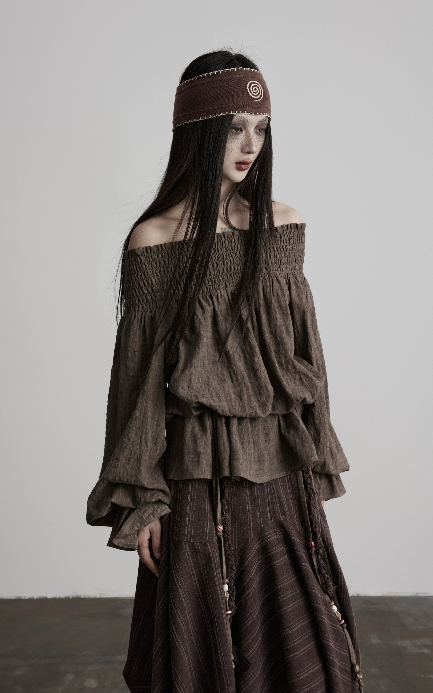 DOINDULGE Off-Shoulder Ruched Blouse with Beaded Drawstring