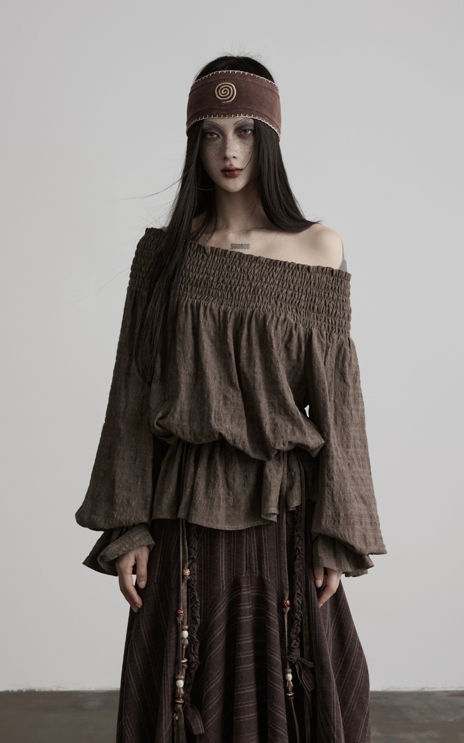 DOINDULGE Off-Shoulder Ruched Blouse with Beaded Drawstring
