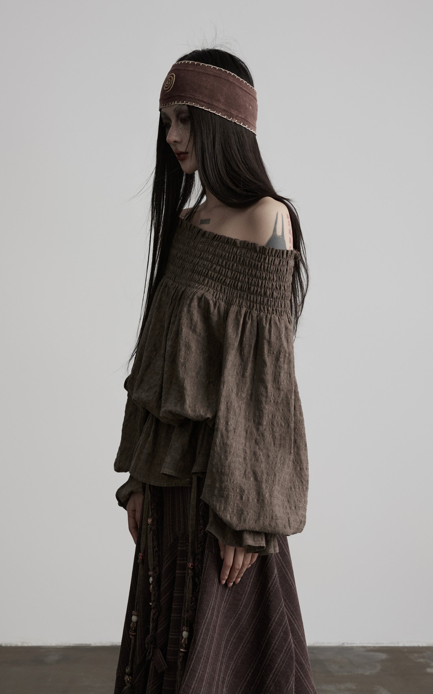 DOINDULGE Off-Shoulder Ruched Blouse with Beaded Drawstring