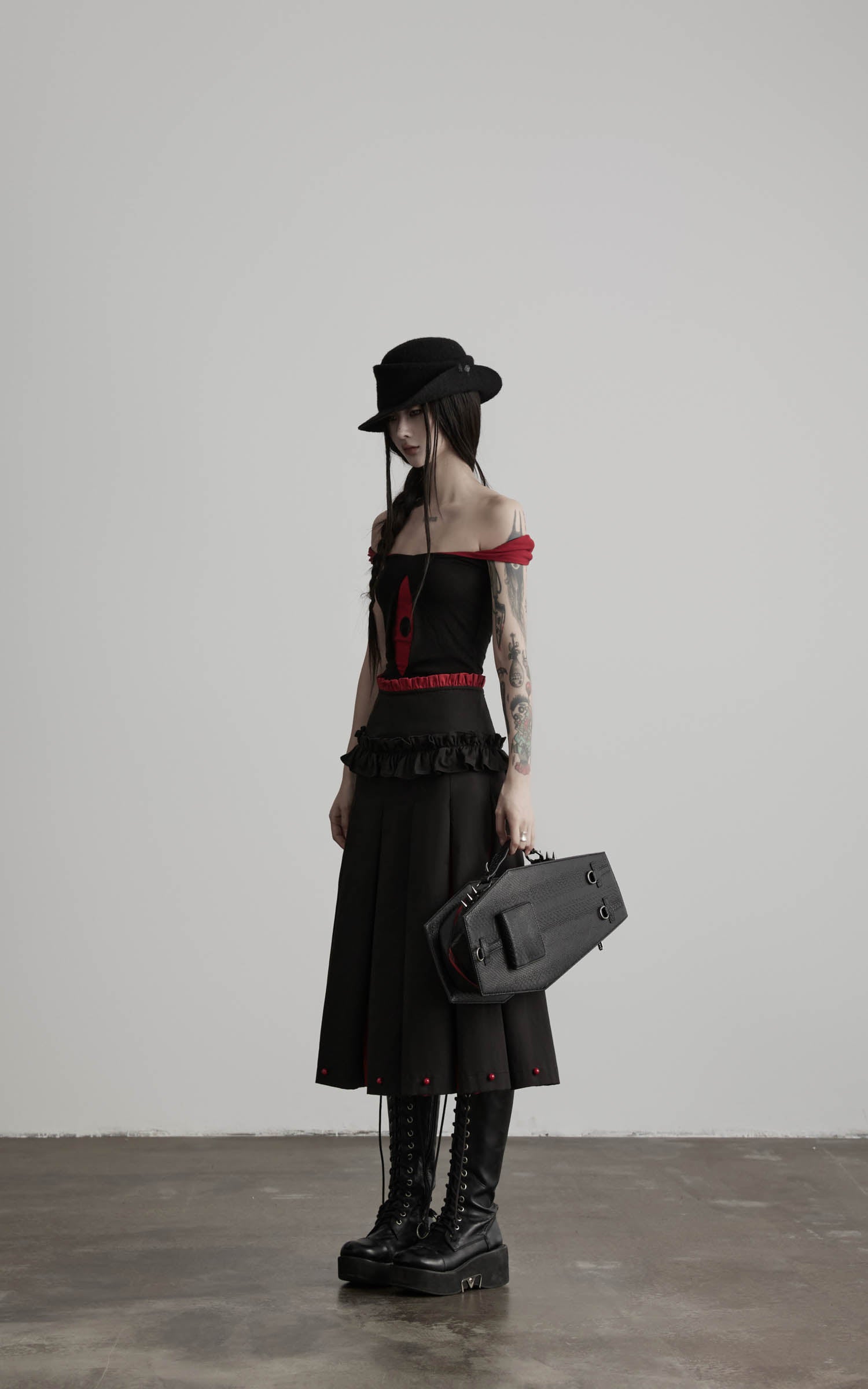 DOINDULGE Ruffle Waist Pleated Midi Skirt