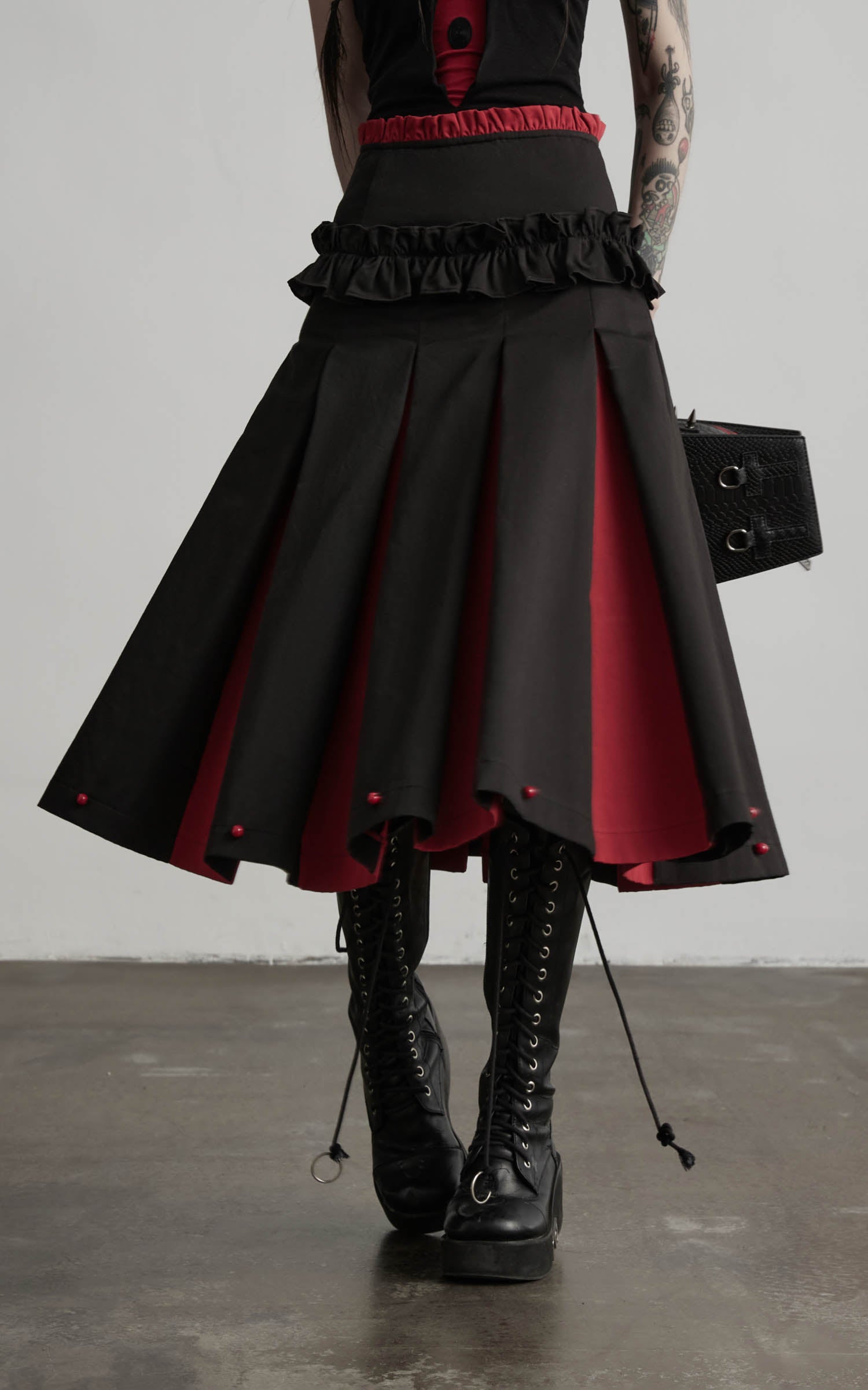 DOINDULGE Ruffle Waist Pleated Midi Skirt