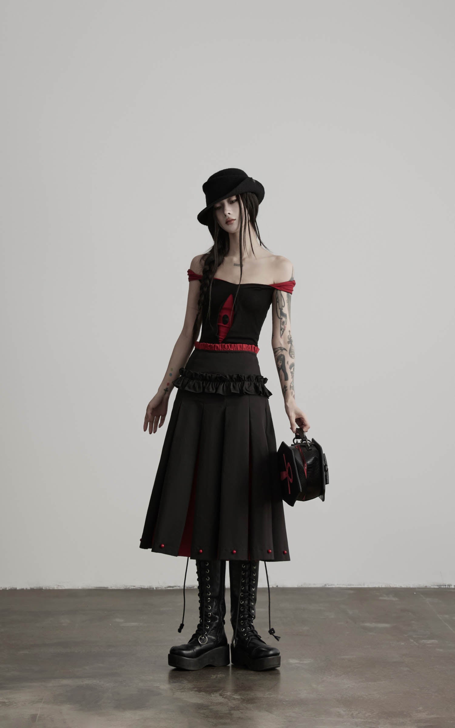 DOINDULGE Ruffle Waist Pleated Midi Skirt
