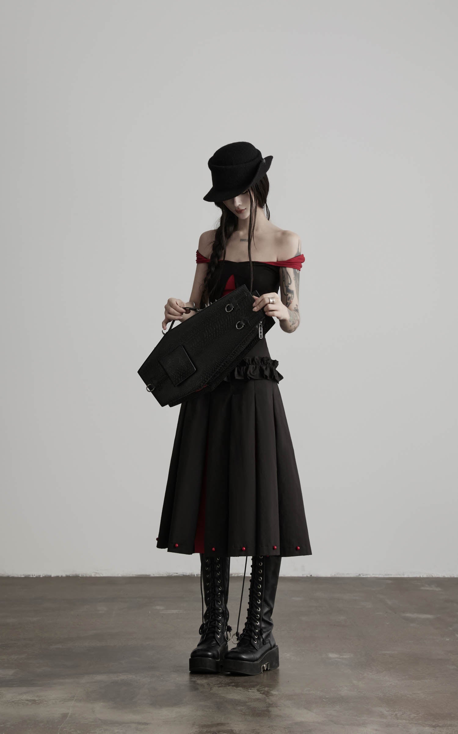 DOINDULGE Ruffle Waist Pleated Midi Skirt