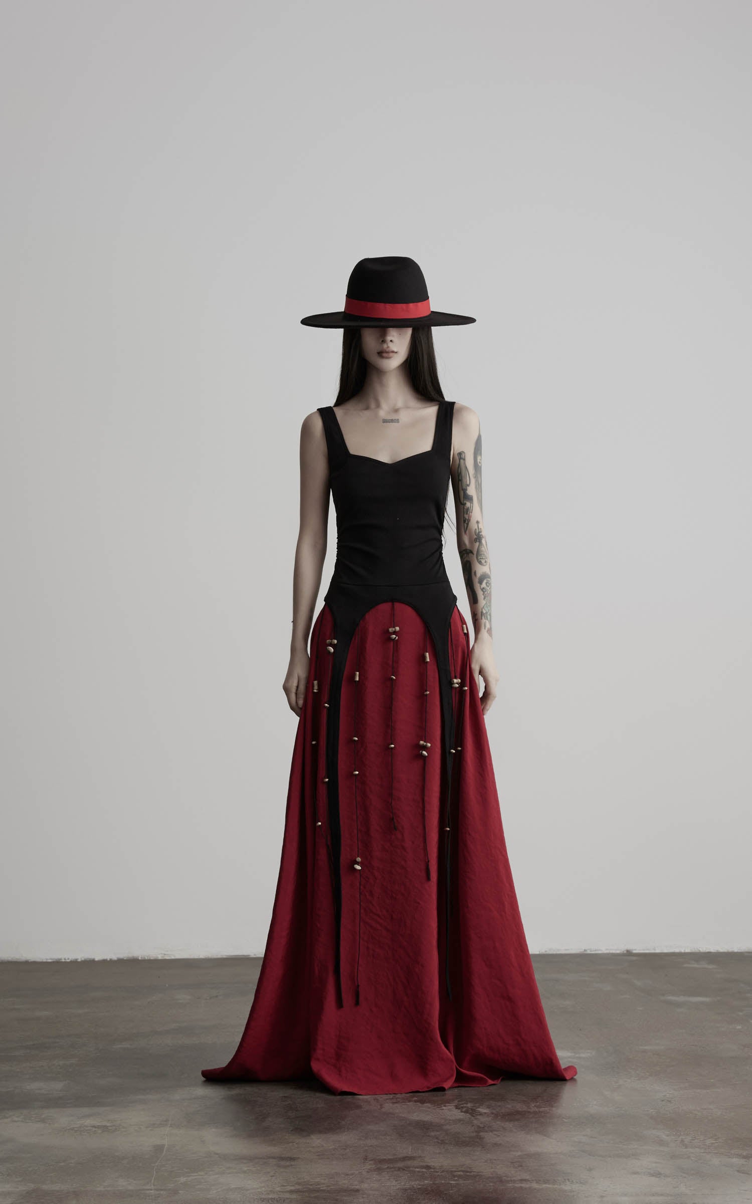 DOINDULGE Crimson Ritual Panel Maxi Dress Contrast Corset Silhouette Beaded Gown