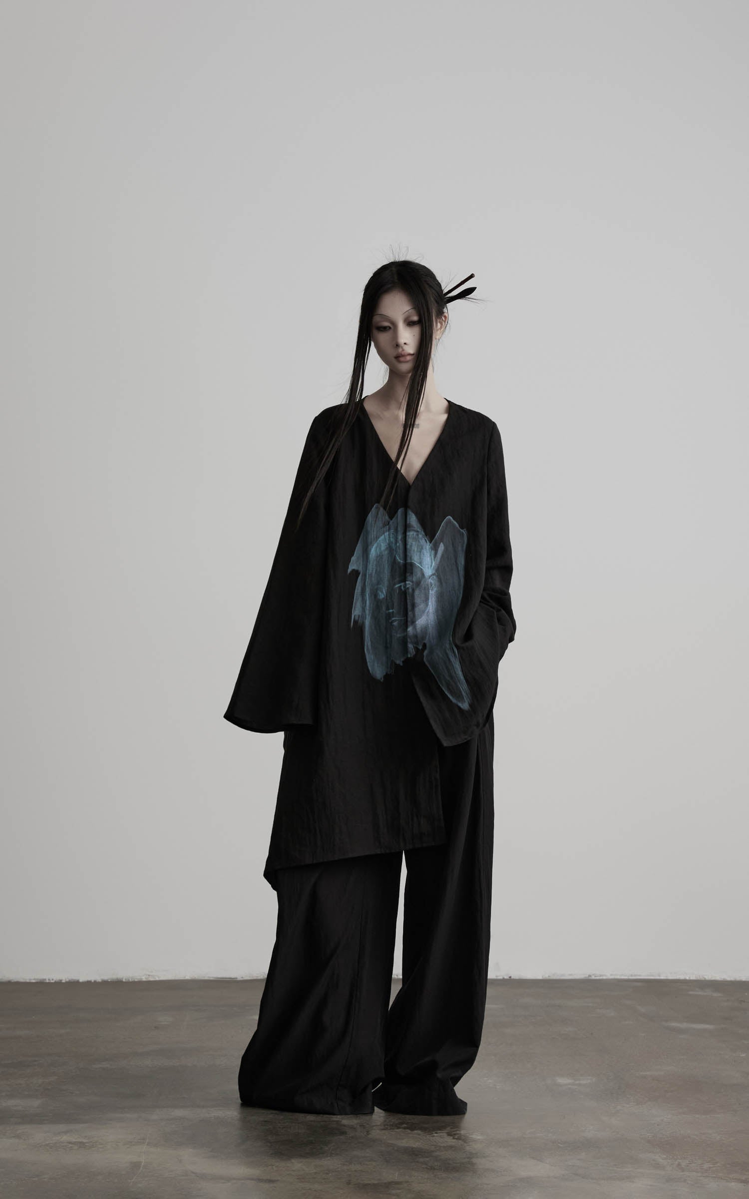 DOINDULGE Asymmetric V-Neck Printed Shirt