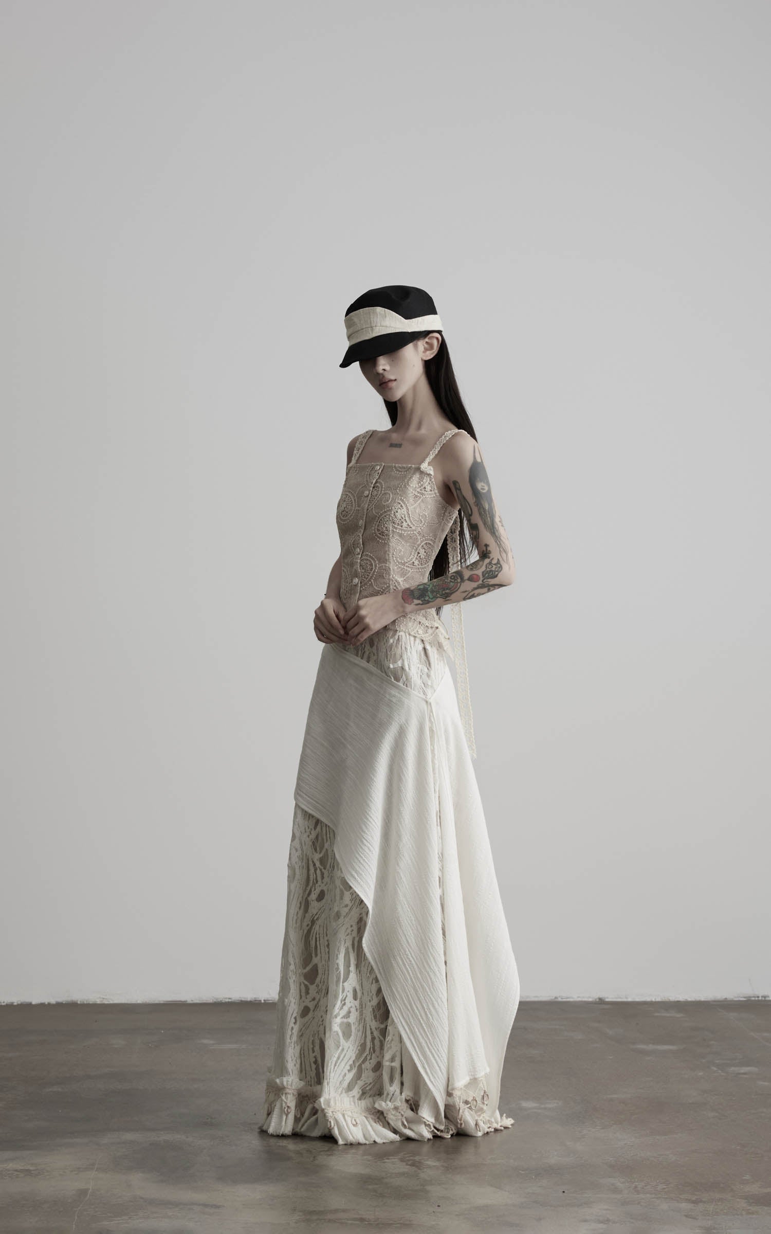 DOINDULGE Antique Lace Corset Camisole Raw Edge Asymmetric Hem Top