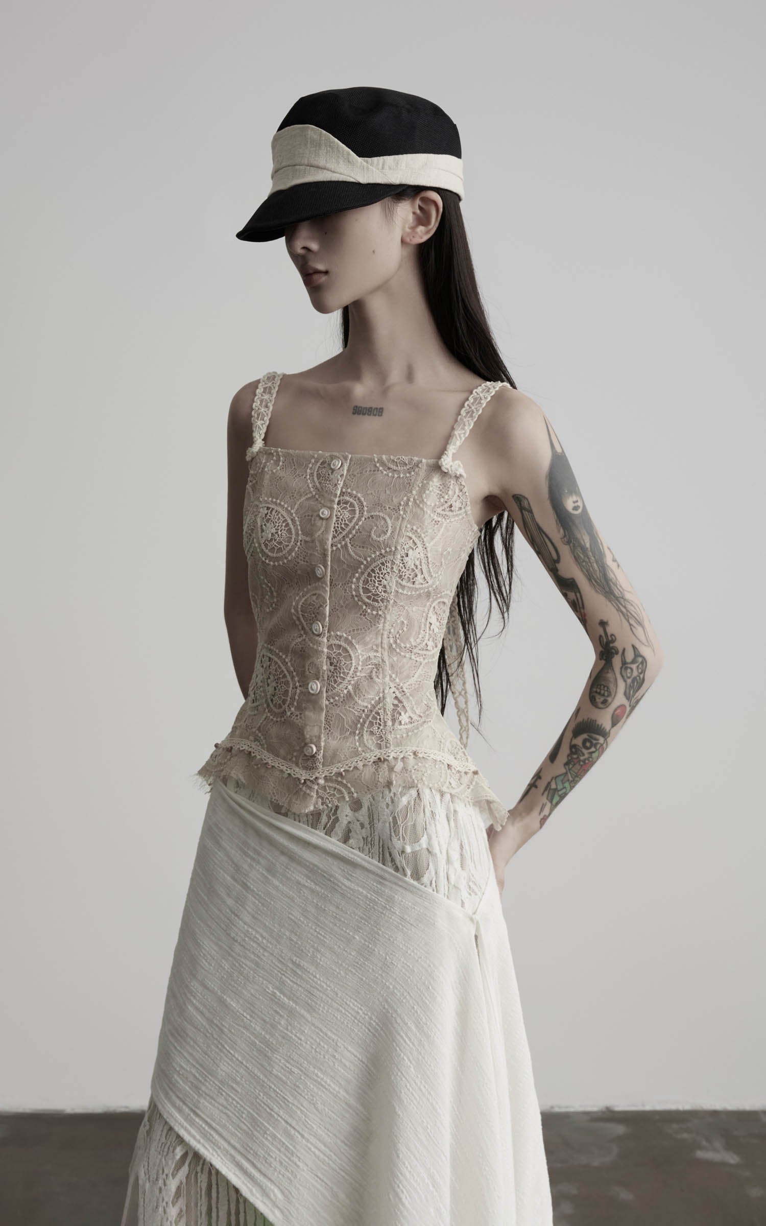 DOINDULGE Antique Lace Corset Camisole Raw Edge Asymmetric Hem Top