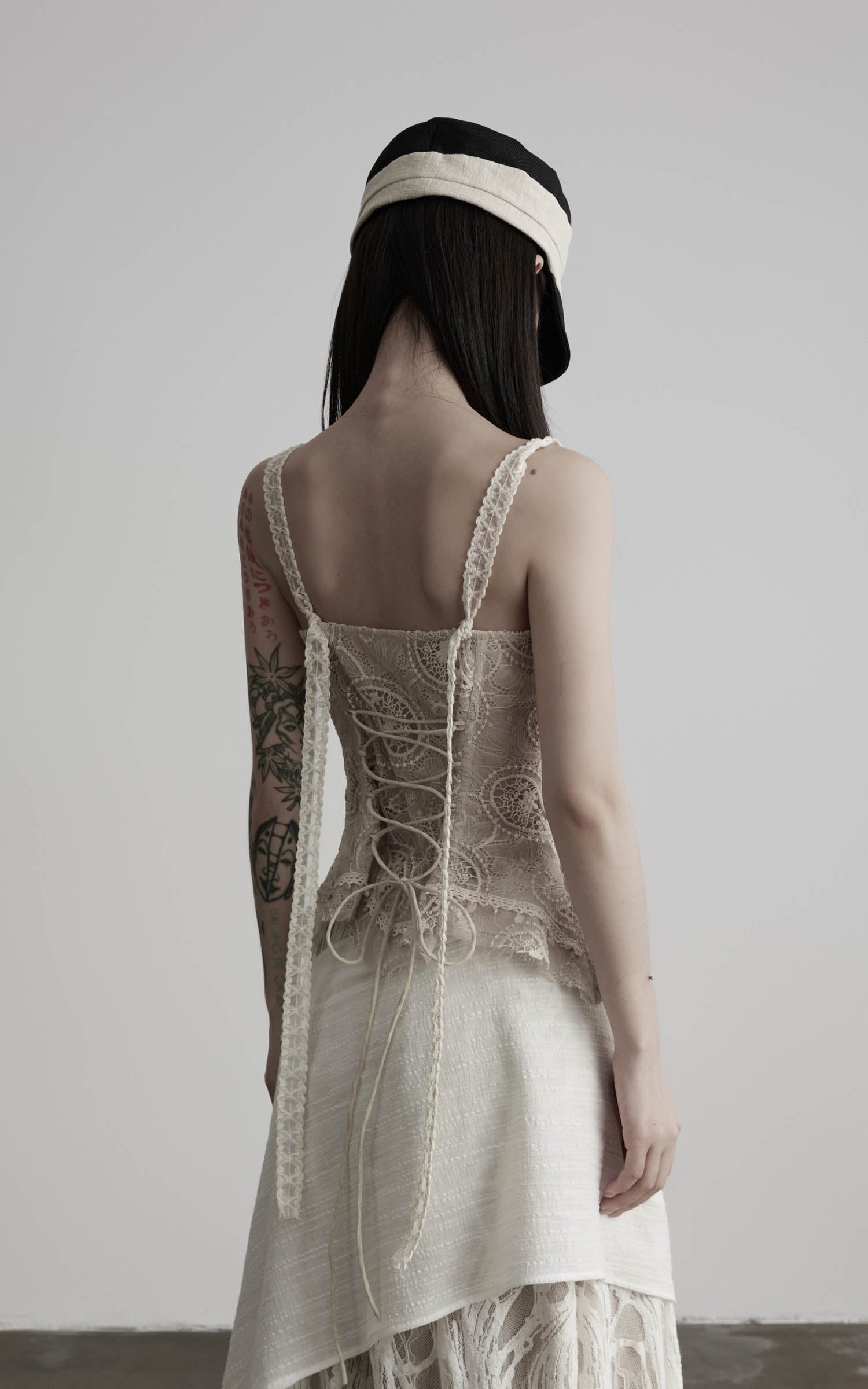 DOINDULGE Antique Lace Corset Camisole Raw Edge Asymmetric Hem Top