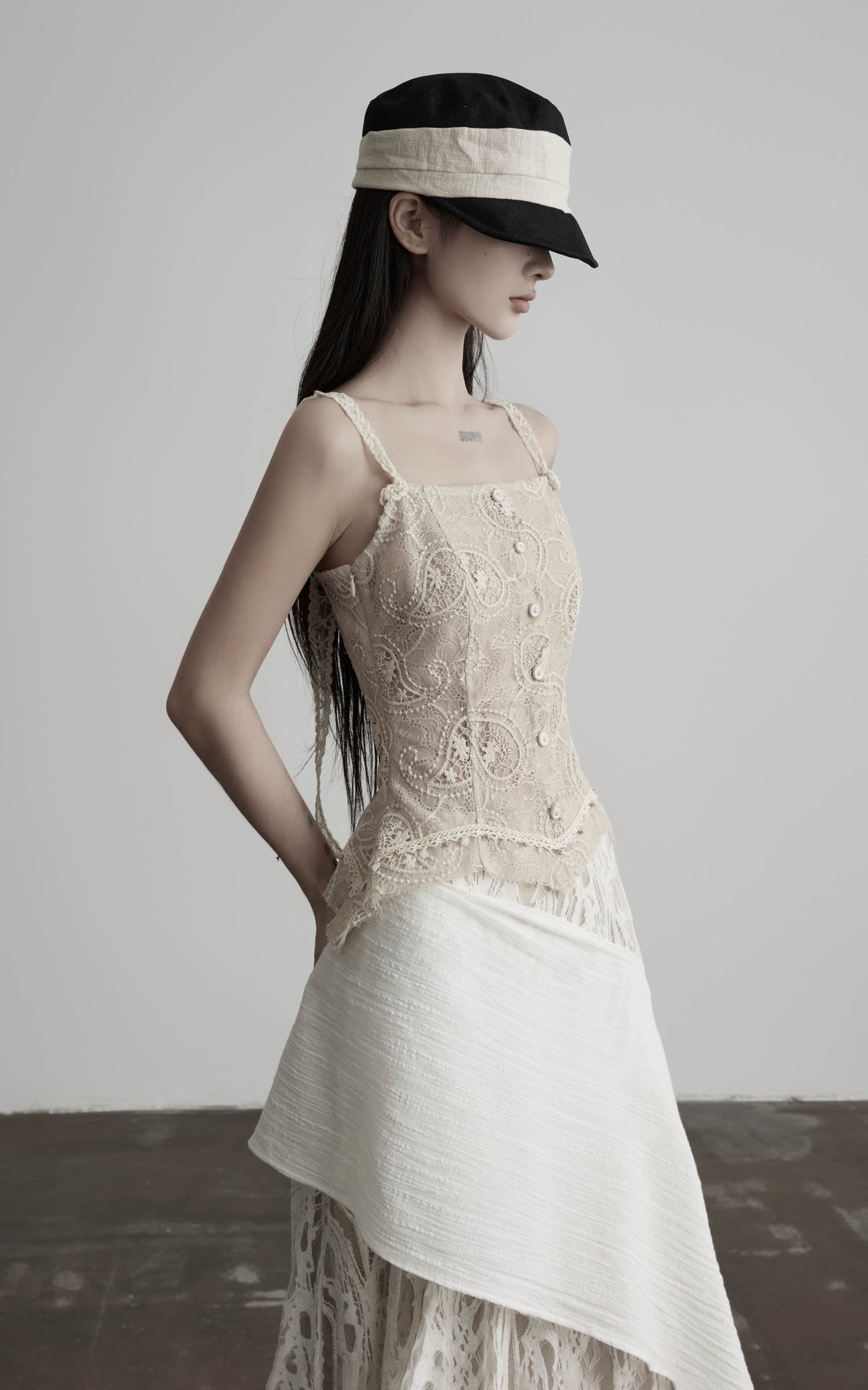 DOINDULGE Antique Lace Corset Camisole Raw Edge Asymmetric Hem Top