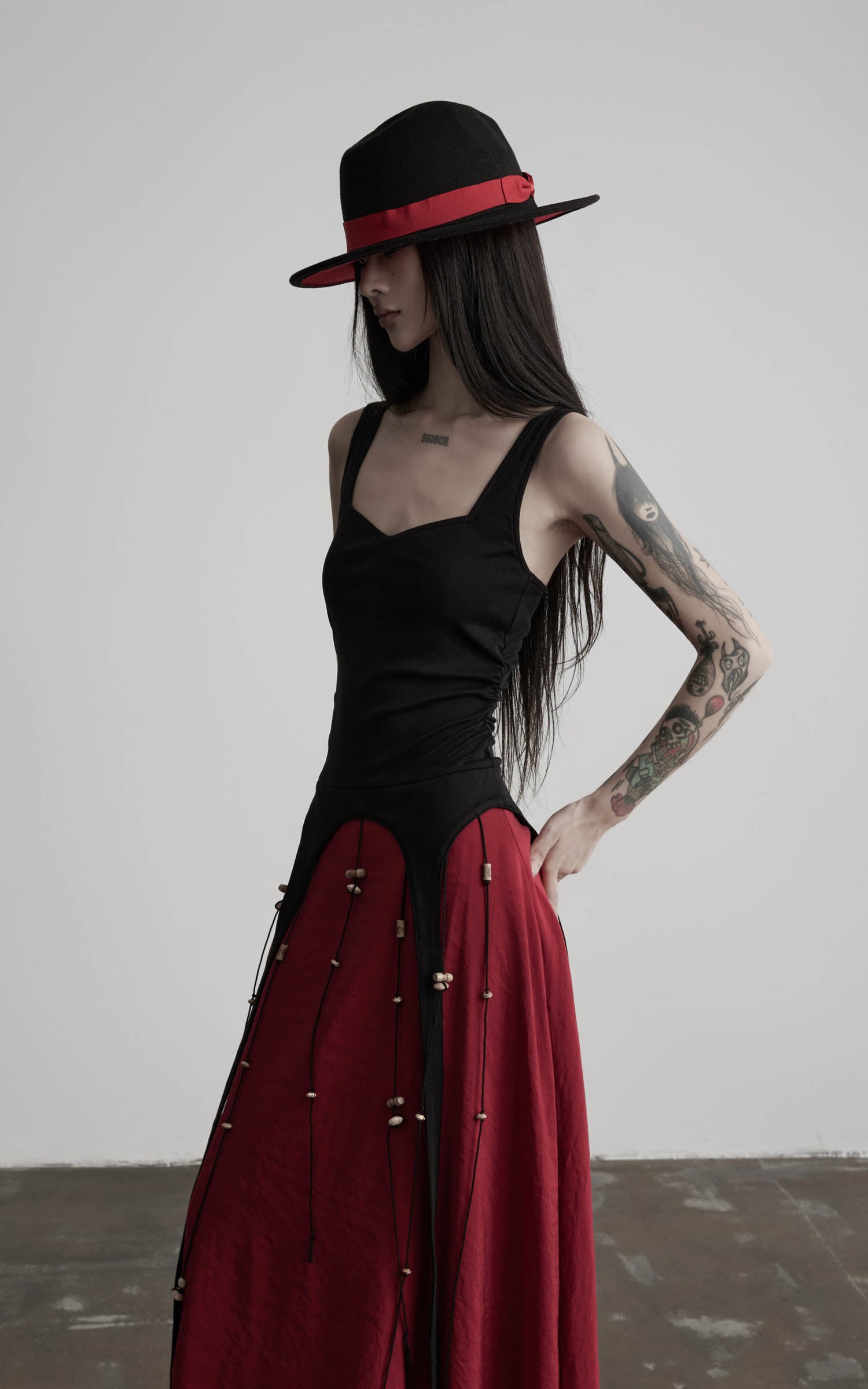 DOINDULGE Crimson Ritual Panel Maxi Dress Contrast Corset Silhouette Beaded Gown