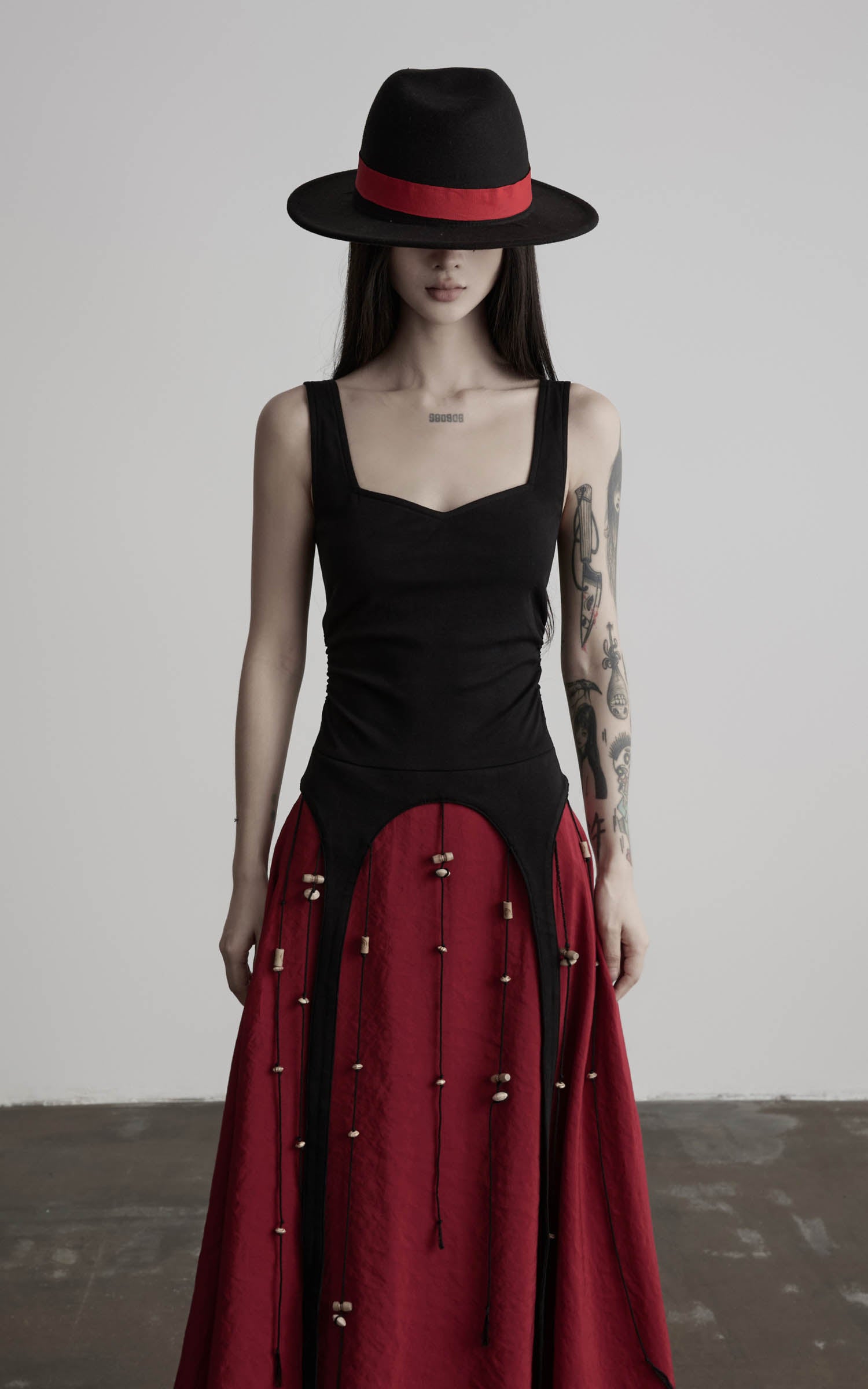 DOINDULGE Crimson Ritual Panel Maxi Dress Contrast Corset Silhouette Beaded Gown